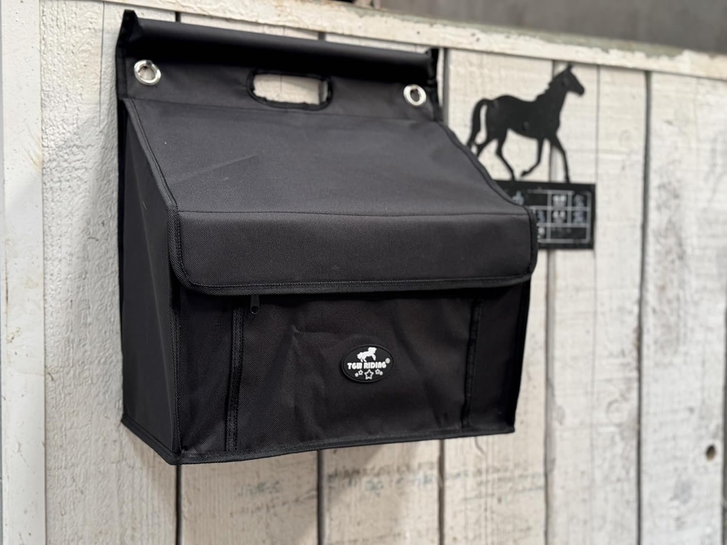 Stall Front Organizer Bag, Black, Multi-Compartment Storage, Horse Grooming Supply Holder with Top Loading Design
