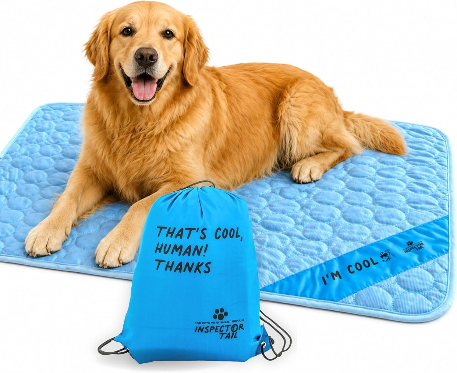 INSPECTOR TAIL Dog Cooling Mat – No Freeze Needed, Self-Cooling Pad for Large Dogs, Washable Portable for Crate Kennel Car Sofa Bed Floor, Indoor Outdoor Summer Use, 39″x27″ with Carry Bag
