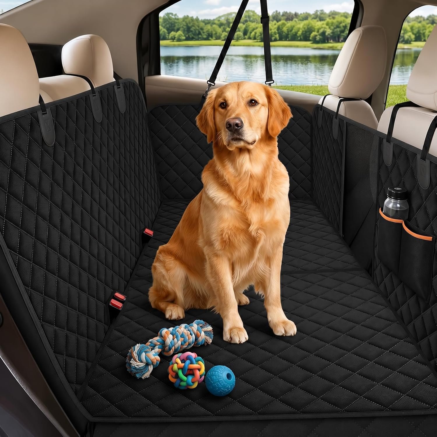 Dog Car Seat Cover for Back Seat, Compatible with Trucks and SUV Models, it Measures 58.3×55.1 inches, This Waterproof pet car Hammock Features a Ventilation System, Black&Orange