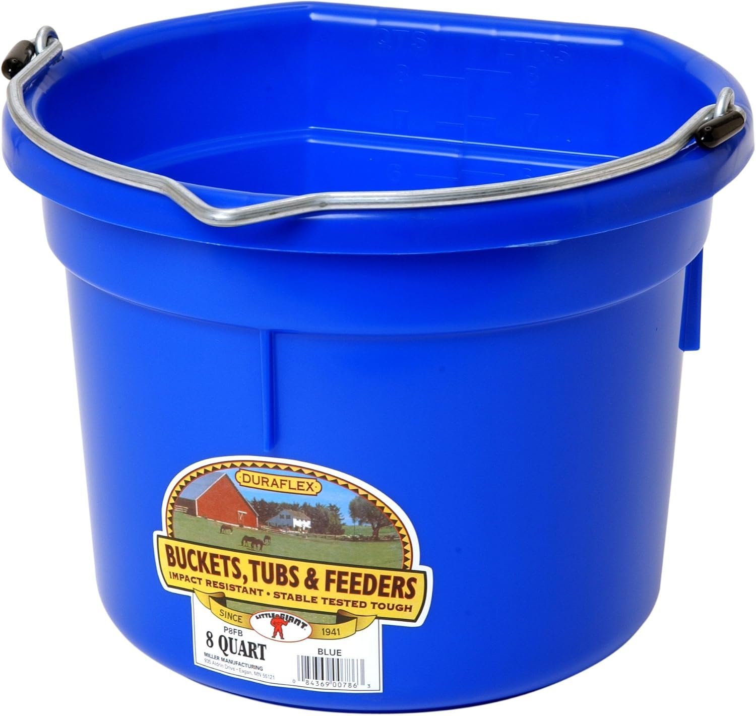 Miller Manufacturing P8FBBLUE Plastic Flat Back Bucket for Horses, 8-Quart, Blue
