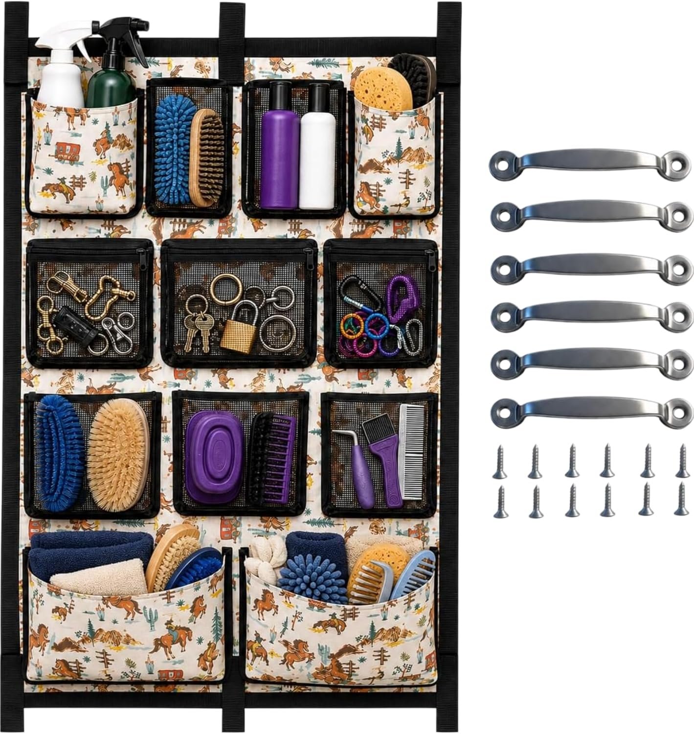 Horse Trailer Organizer & Grooming Bag – Large Hanging Door Caddy with Deep Mesh Pockets for Spray Bottles & Brushes – Heavy Duty 900D Polyester Tack Room Storage for Barn & Stall, 23″ x 34″