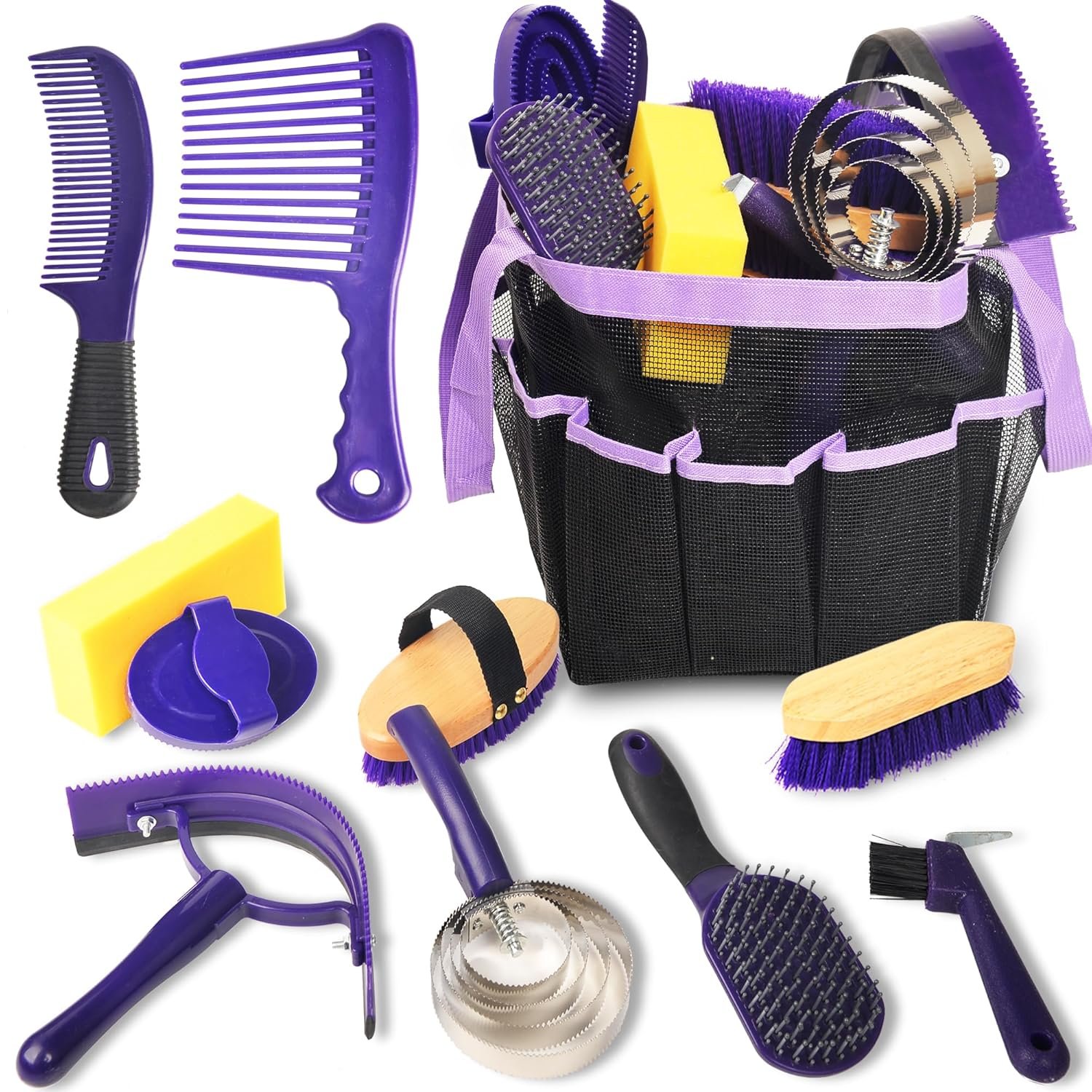 Horse Grooming Kit – 11 Piece Bathing Supplies with Organize Bag, Full Body Kit Including Sweat Scraper, Bath Sponge, Hoof Pick, Massage Comb (Purple)