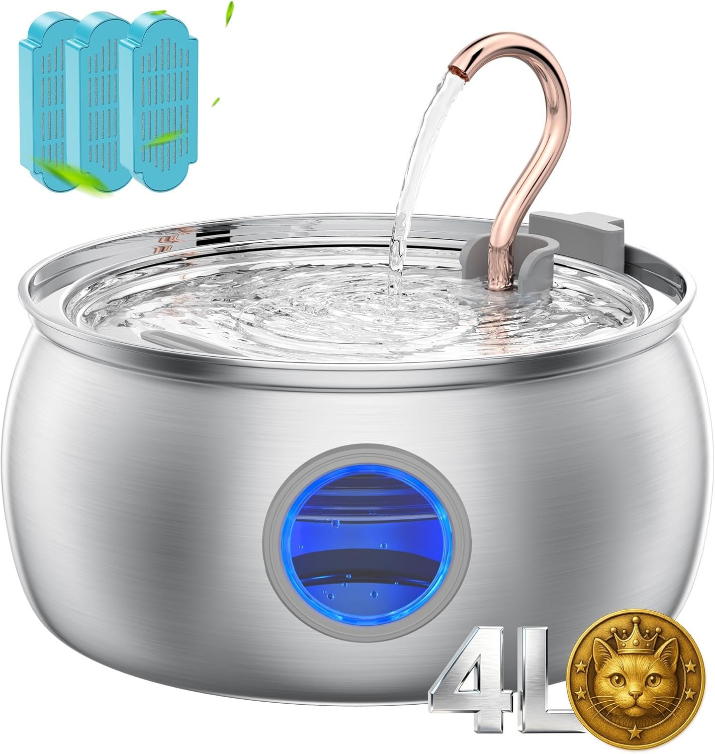 Tomxcute Cat Water Fountain – 4.0L/135oz Gooseneck Copper Stainless Steel Cat Water Fountains for Cats Indoor – Kitty Cat Fountains for Drinking Spout – Comes with 3 Replacement Filters