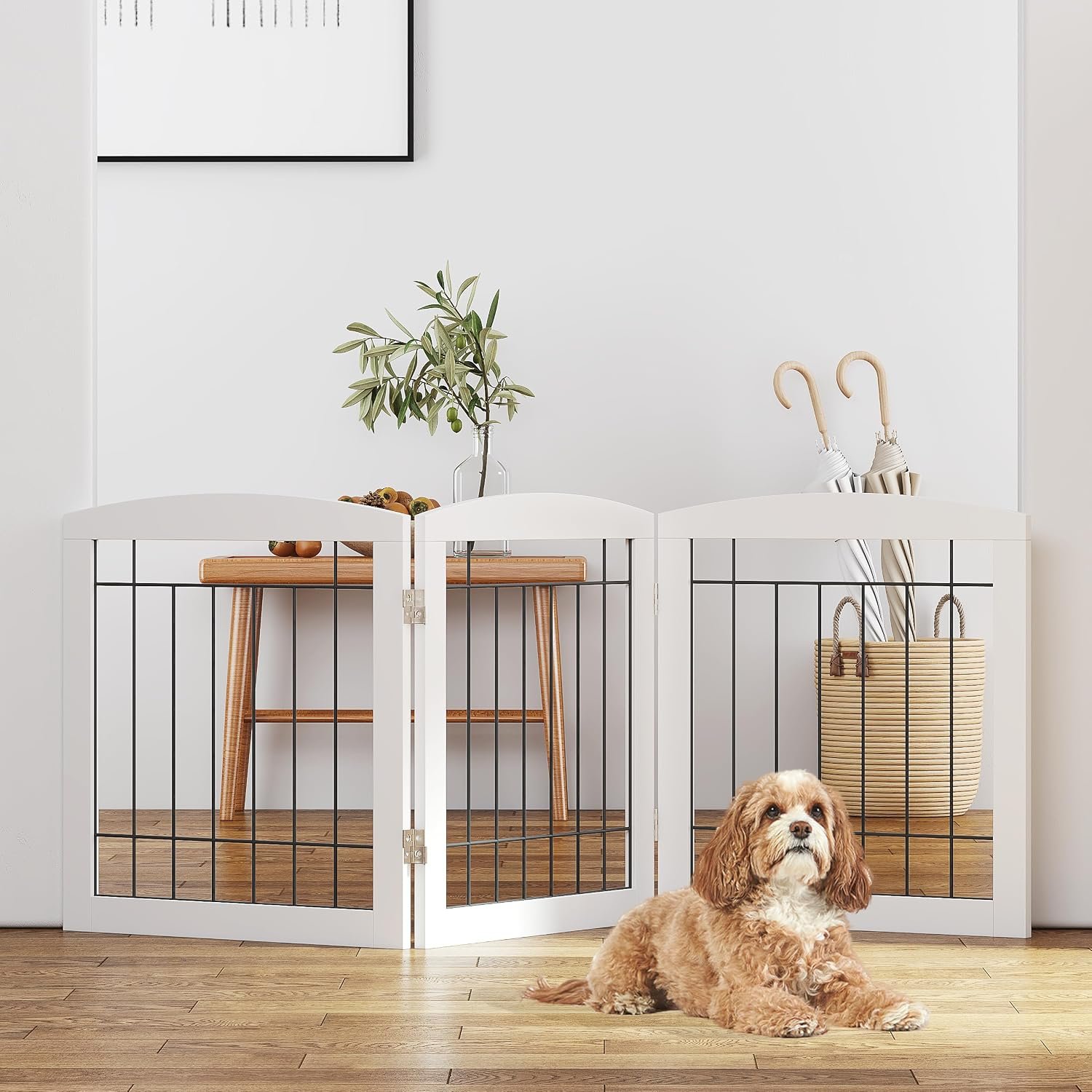 PAWLAND Free Standing Dog Gates for The House Stairs Doorways Indoor Foldable Wooden Small White Puppy Pet Gate Step Over Fence 60″ W 24″ H 3 Panels