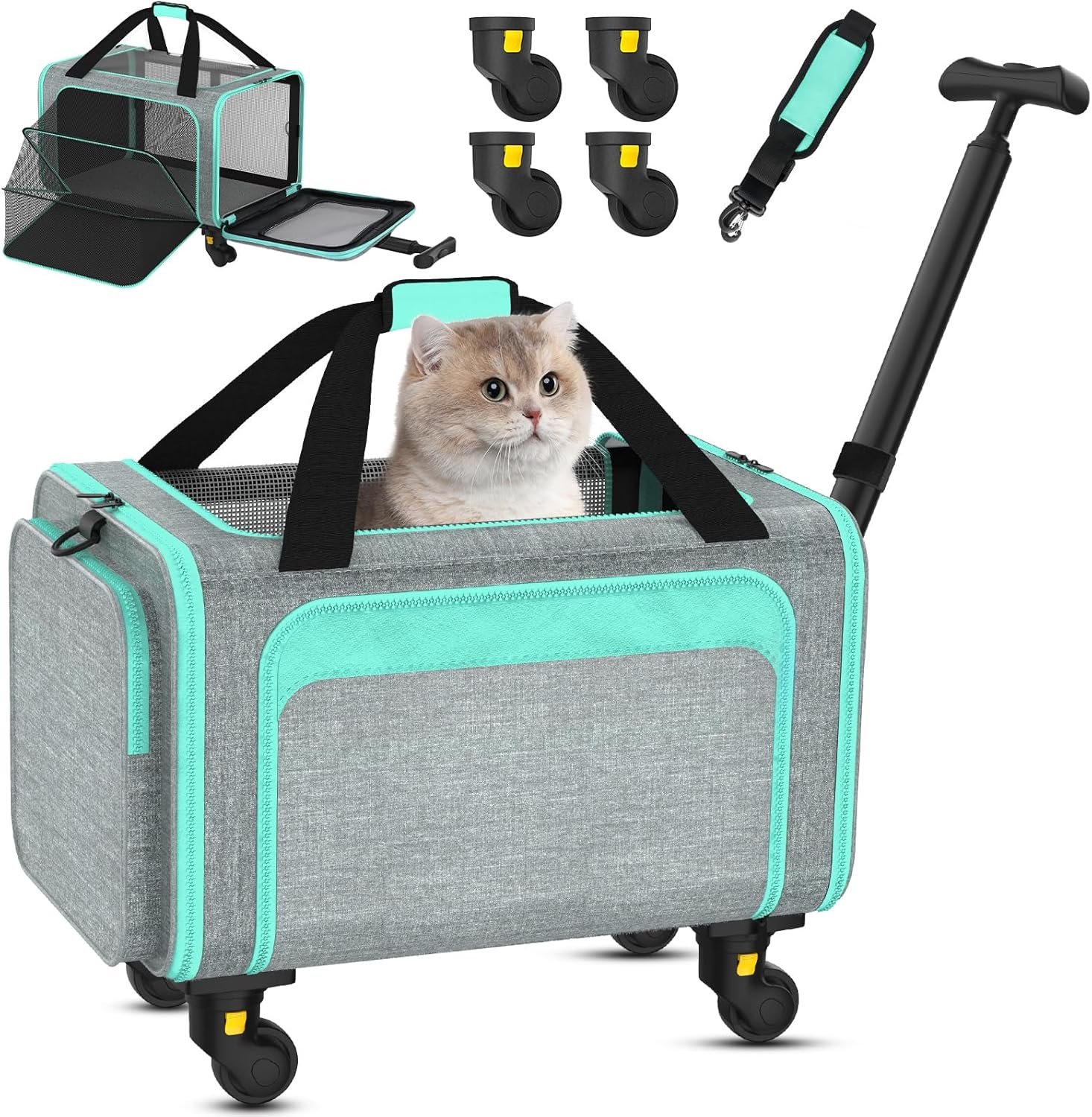 Rolling Pet Carrier with Detachable Wheels – 18x11x11 TSA Airline Approved for Southwest Delta United American, Soft Sided Expandable Travel Bag for Small Dogs & Cats up to 15Lbs, Fits Under Seat