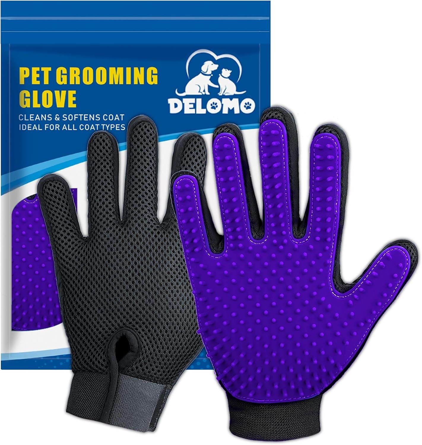 Upgrade Version Pet Grooming Glove – Gentle Deshedding Brush Glove – Efficient Pet Hair Remover Mitt – Enhanced Five Finger Design – Perfect for Dog & Cat with Long & Short Fur – 1 Pair (Purple)