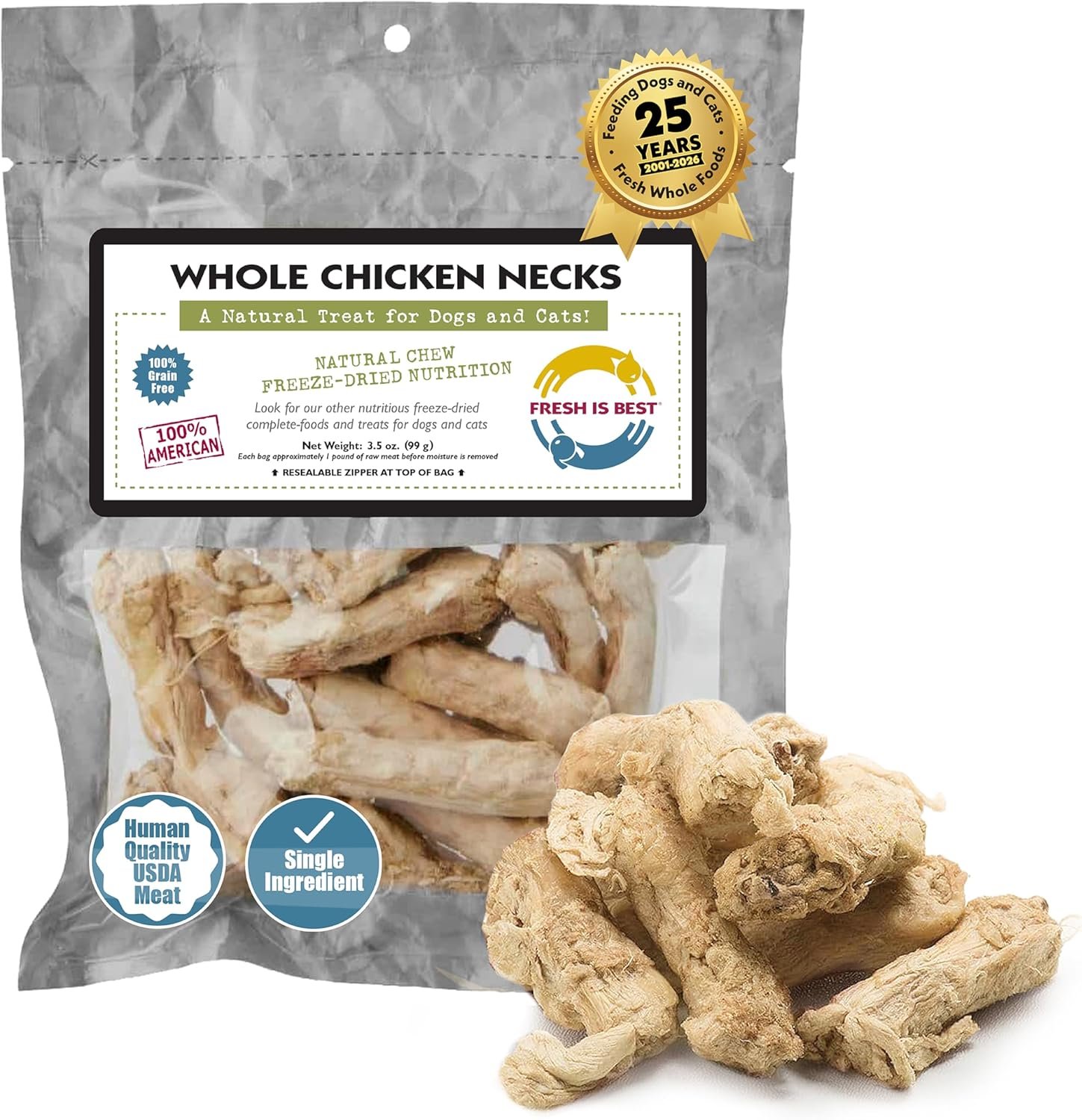 Fresh Is Best Freeze Dried Whole Chicken Necks for Dogs & Cats – Raw Crunchy Single Ingredient Dog Treats – High-Protein Dental Chews in Resealable Bag – Made in USA