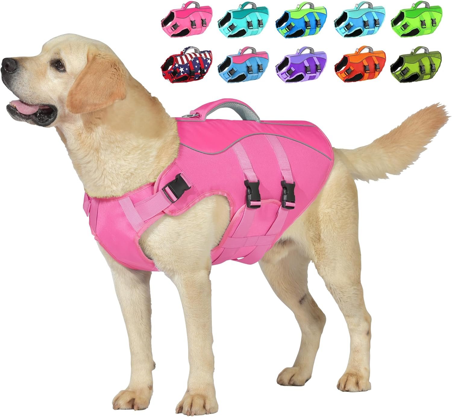 Petglad Dog Life Jacket, High Buoyancy Dog Life Vest with Handle for Swimming Boating, Adjustable Swimming Vest with Reflective Trim for Small Medium Large Dogs – Pink, XL
