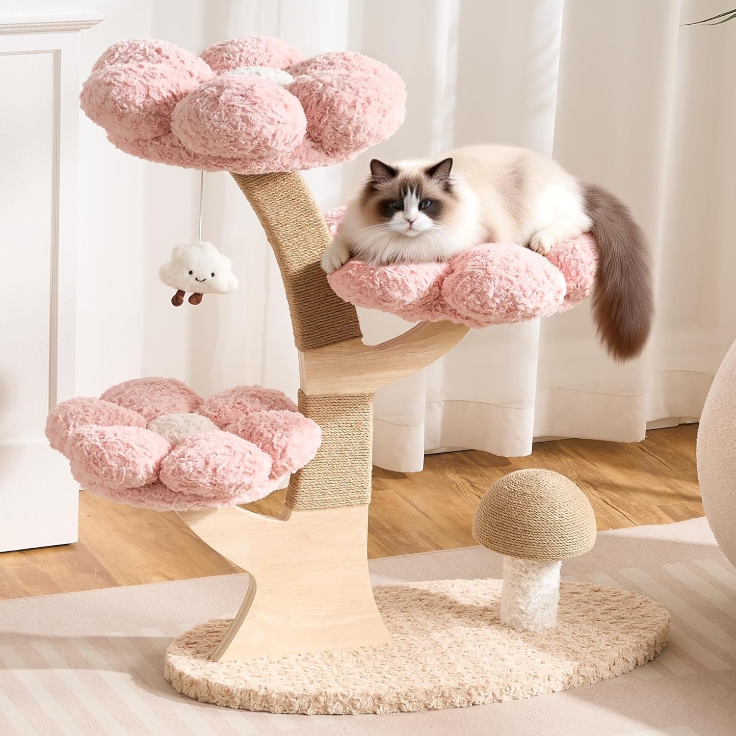 Aesthetic Flower Cat Tree Tower with Scratching Post for Indoor Cats, 37″ H Modern Cat Tree with Wood Sculpted Branch, Flower Cat Beds, Mushroom Scratcher & Interactive Squeaky Toy, Pink