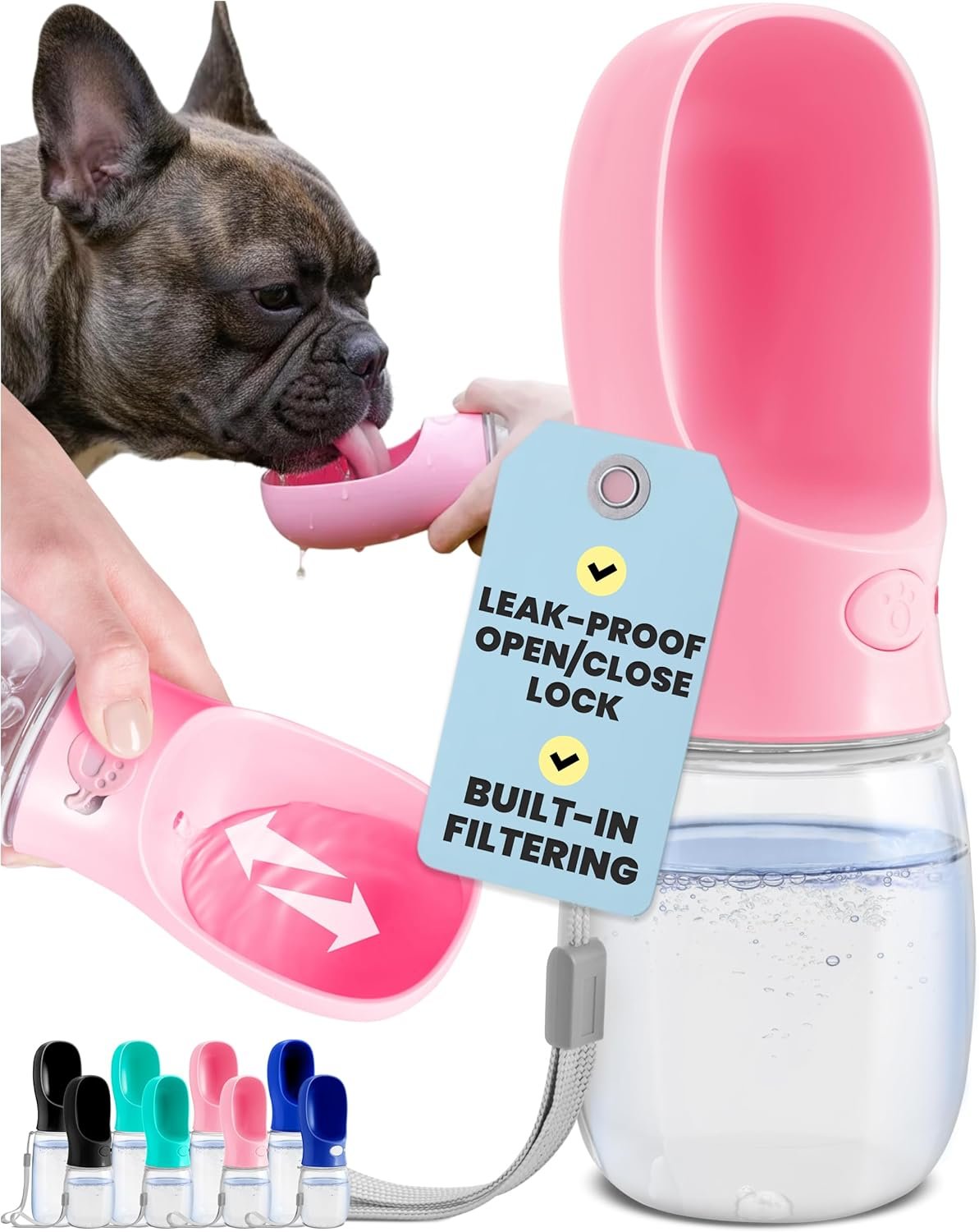 MalsiPree On the Go Dog Water Bottle Dispenser – 12 oz Pink – Leak-Proof Lock & One-Hand Operation – Pet Travel Bottle with Built-in Bowl, for Travel, Trail Hiking, Park Visit, Camping & Beach Days