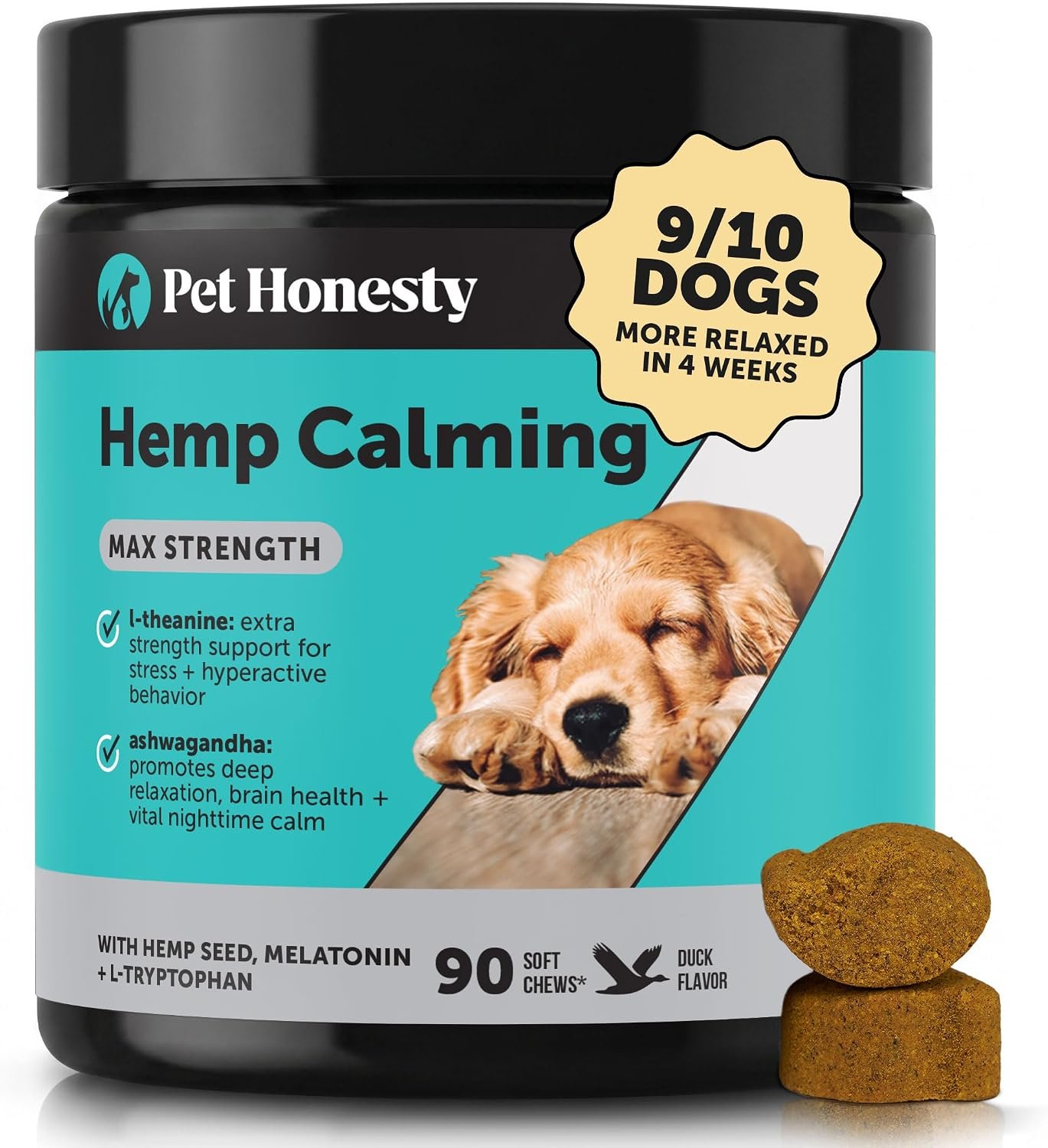 Natural Hemp Calming Chews for Dogs, Maximum Strength Stress Support for Anxiousness with Melatonin & Valerian Root, Non-Sedating Dog Relaxing Chews for Separation, Thunder & Vet Visits – Duck (90 Ct)