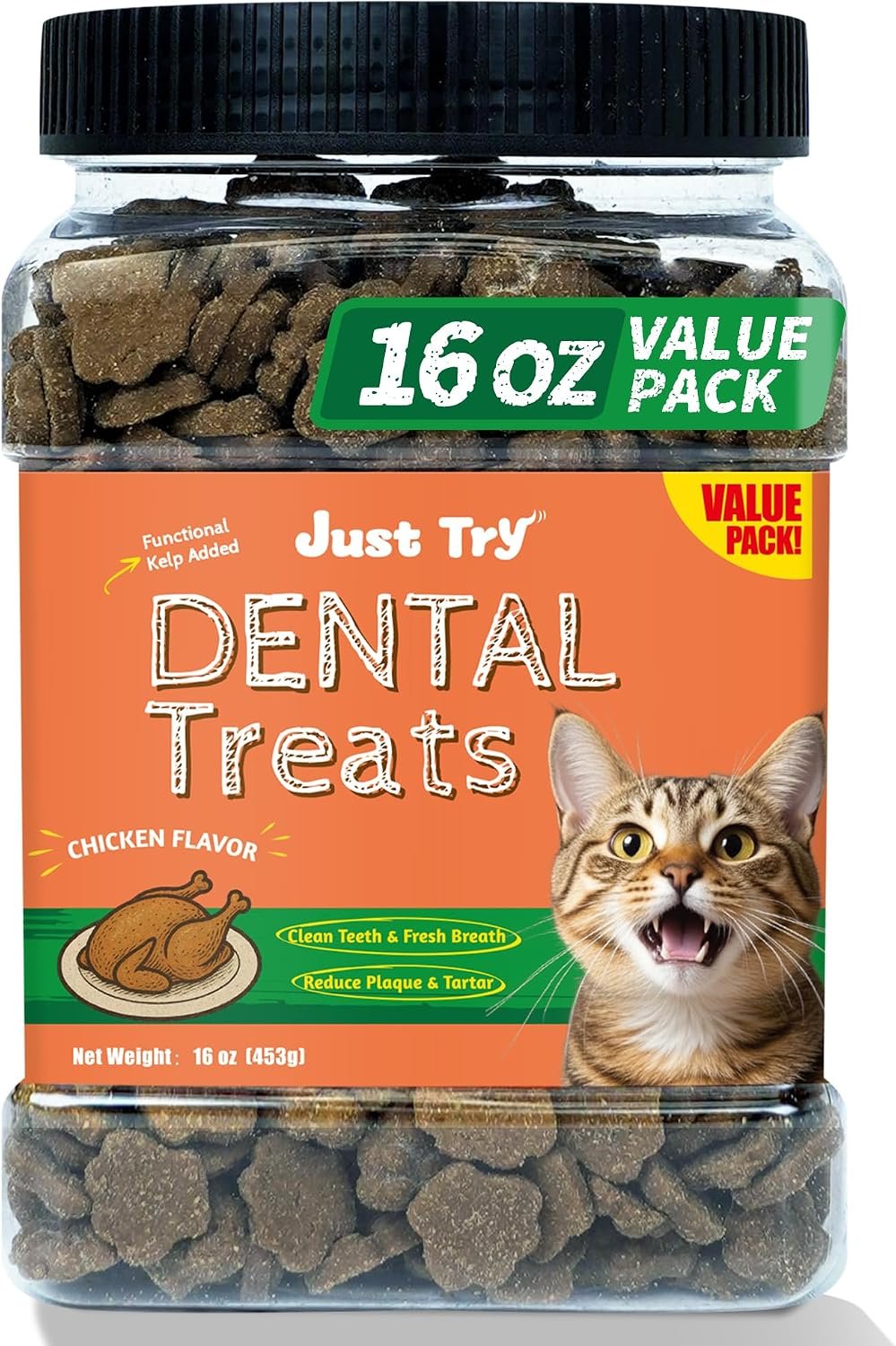 Just Try Dental Health Treats for Cats – Advanced Kelp Clean Teeth & Fresh Breath – Reduce Plaque & Tartar – Chicken Flavored Chews – 16 OZ