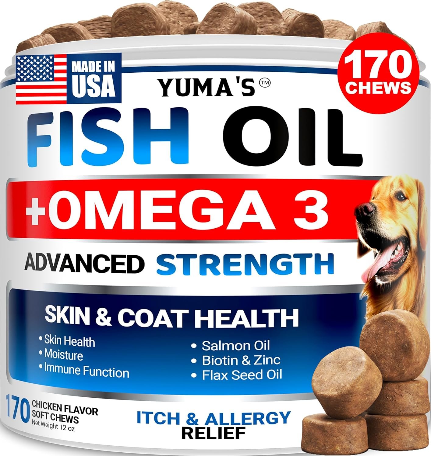 Omega 3 Fish Oil for Dogs – 170 Chews – Skin and Coat Supplement – Omega 3 for Dogs – Dry & Itchy Skin Relief Treatment – Allergy Support Dog Anti Shedding Treats – Salmon – EPA & DHA – Chicken Flavor
