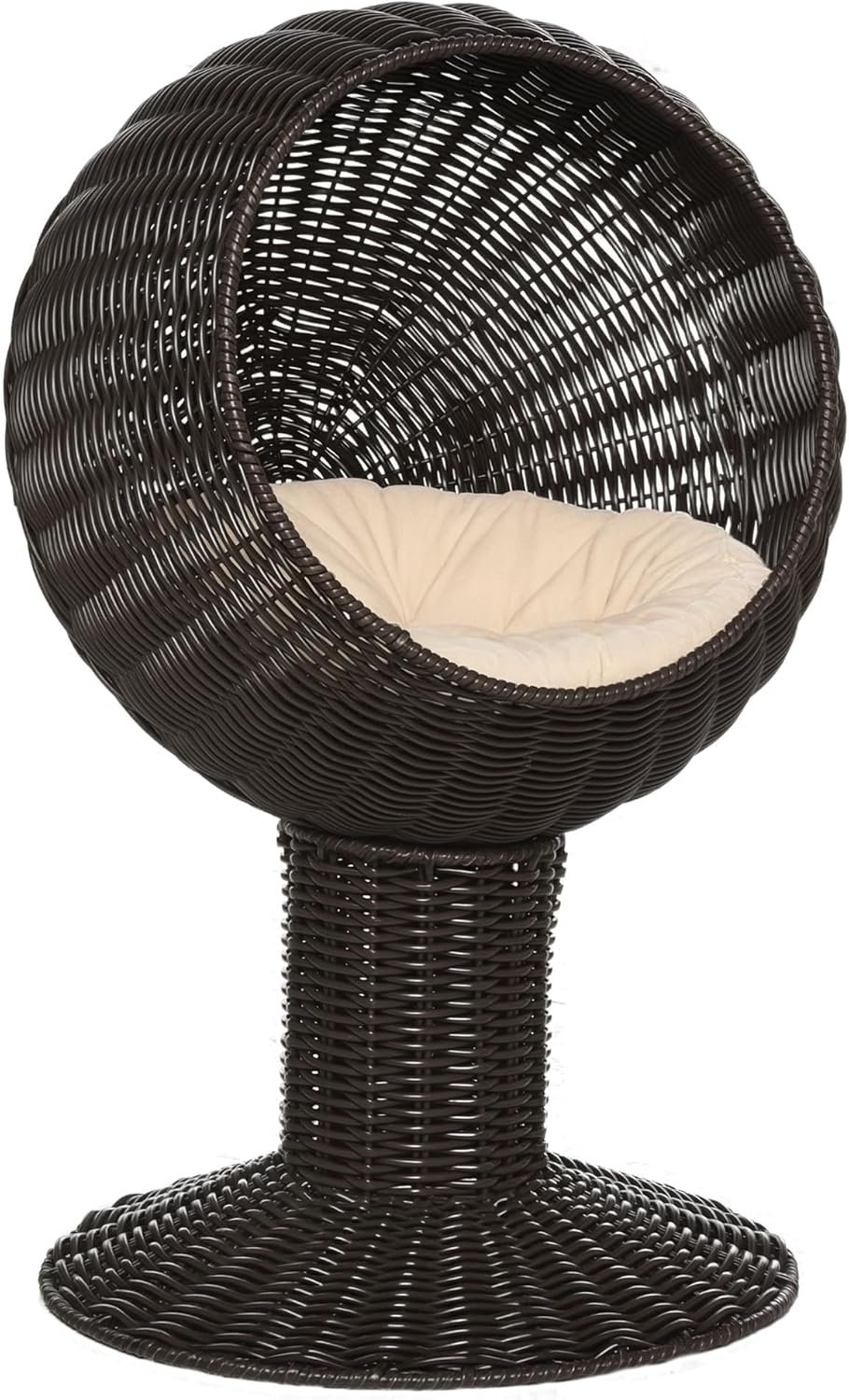 PawHut Elevated Cat Bed with Rotatable Egg Chair Pod, Cat Basket Bed with Thick Cushion, Natural Mat Grass Woven Kitty House, Coffee