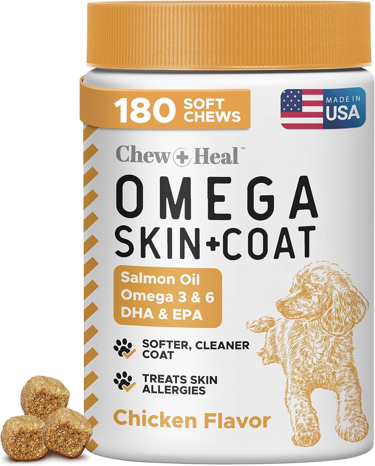 Omega 3 Fish Oil for Dogs – 180 Soft Chews – Itch Relief, Shedding & Hot Spots – Dog Allergy Relief – Salmon Oil Skin & Coat Supplement – EPA DHA – Chicken Flavor – Made in USA | Chew + Heal