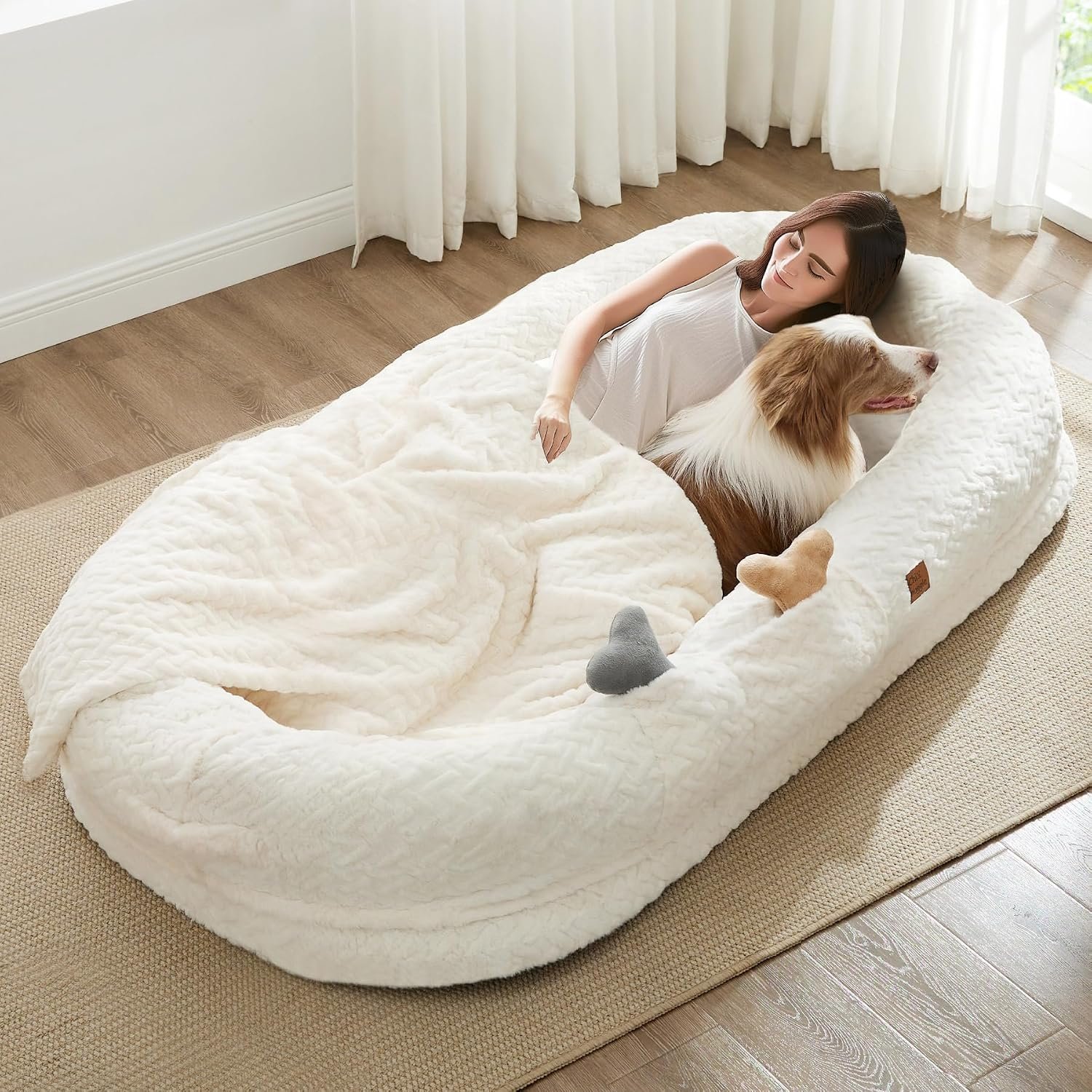 ChiXnuggle Human Dog Bed for Adults, Giant Faux Fur Washable Adult Dog Bed with Orthopedic Egg Crate Foam, Blanket & Handle, for Napping, Reading & Relaxing, 72″x40″x10″,Wihte