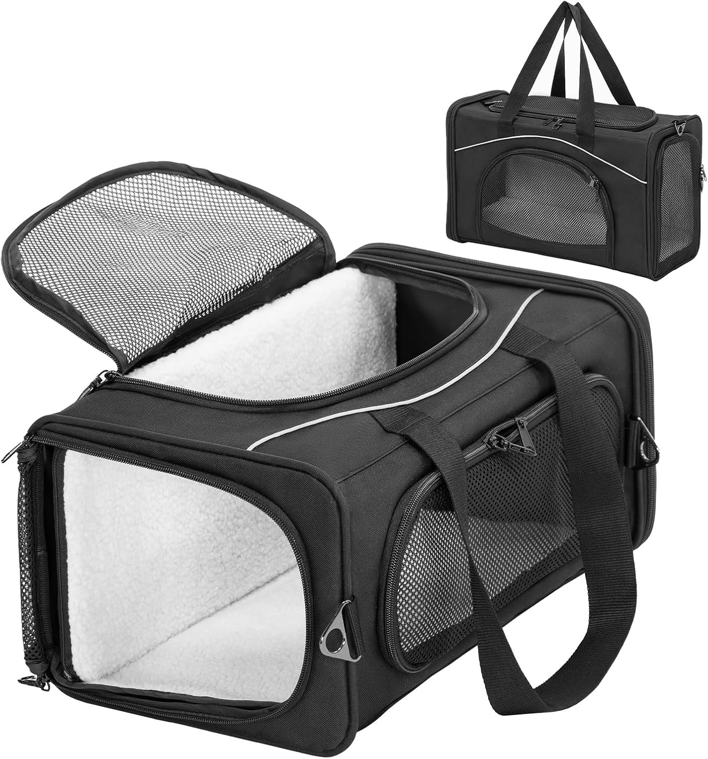 Petsfit Airline Approved Pet Carrier for Small Cats, 16.5×8.6×11 TSA Approved Carrier, with Removable Dual-Sided Padding (2-Way Placement) – Fits Under Most Airplane Seats, Escape Proof (Black)