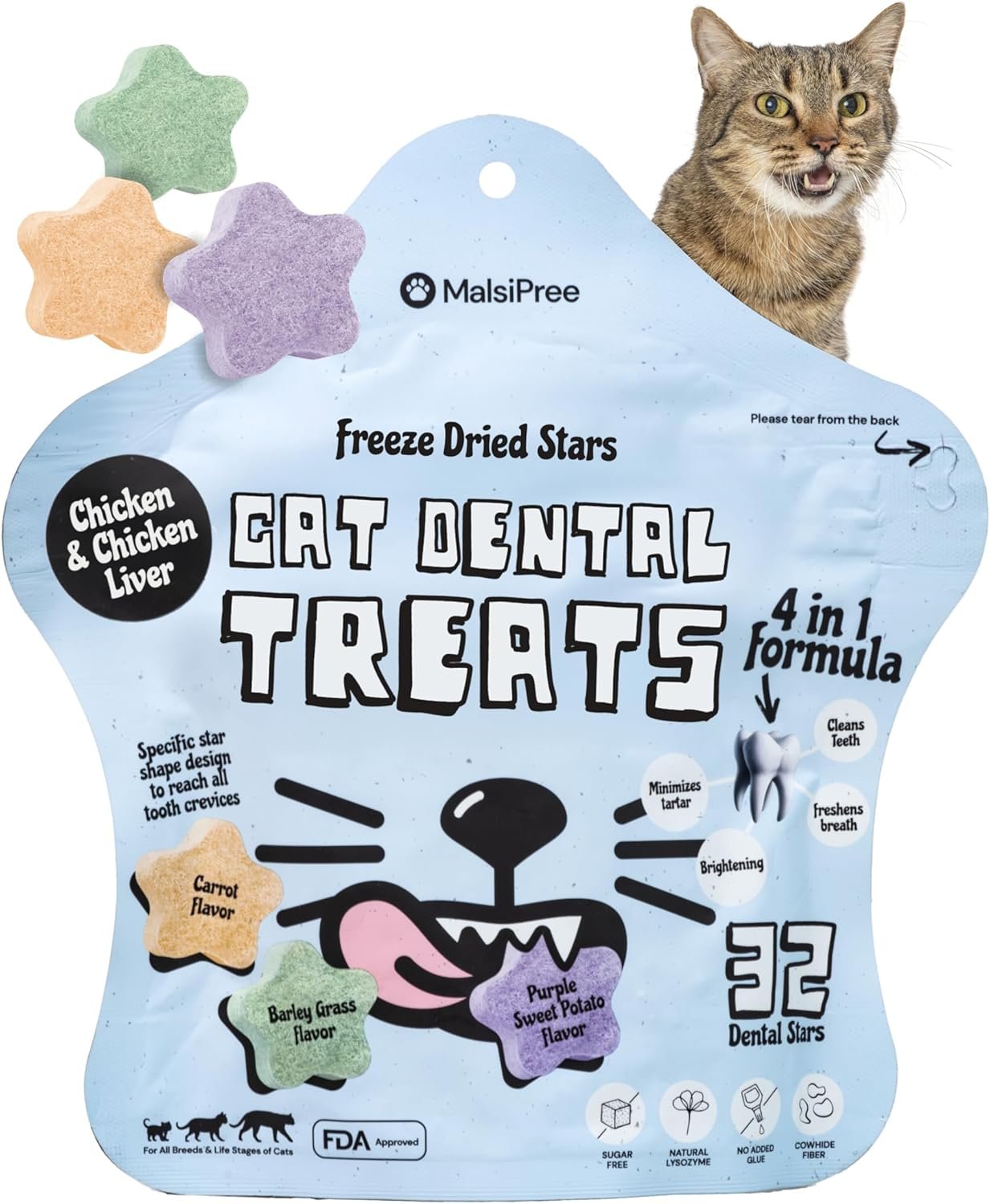 MalsiPree Cat Dental Treats, 32 Count – Freeze Dried Chicken Chews for Cats & Kittens – Fresh Breath & Tartar Control – Star Shape Snack for Cats – High Protein Healthy Snack, Low Calorie Pet Rewards