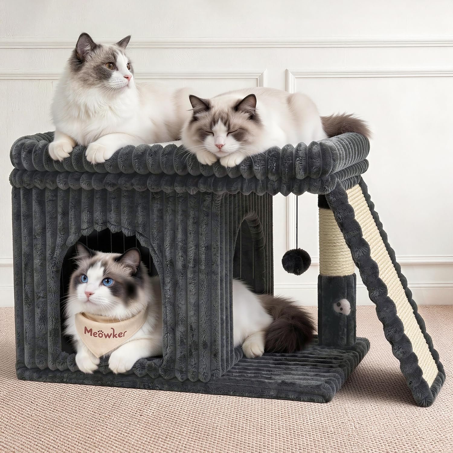 Cat Tree Tower Bed with Scratching Post for Indoor, Heavy Duty Small Stand House Condo for Large Cats & Kittens, Modern Sturdy Platform Perch Hideout Climb Rest Area, Dark Gray Striped Fabric