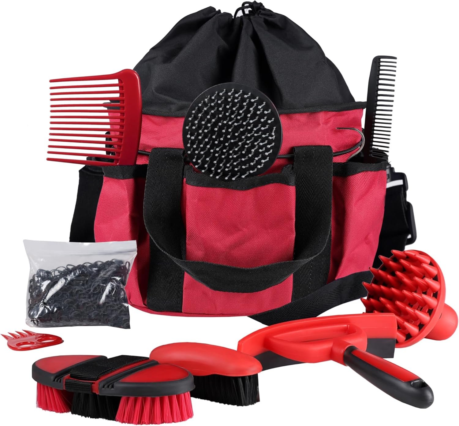Harrison Howard Horse Grooming Kit 9 Piece with Tote Bag, Non-Slip Horse Brush Set for Shedding, Bathing, Hoof Care, Mane & Tail Grooming, Equine Grooming Supplies Red