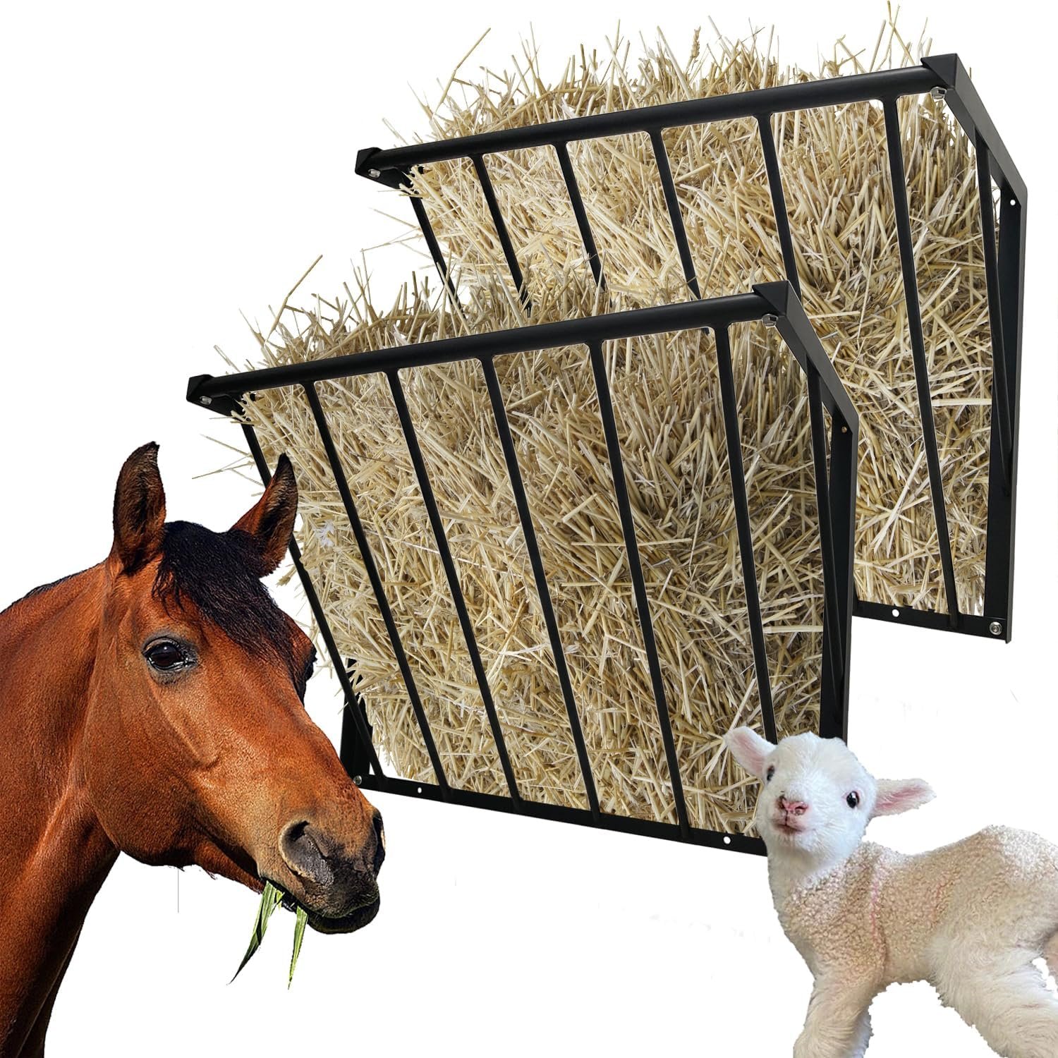 2Pcs Horse Hay Feeder, 31.5” Long Livestock Hay Feeder with 24 Gallon Large Capacity, Carbon Steel Wall Mounted Hay Rack for Horses, Sheep, Goats, Indoor Outdoor Uses