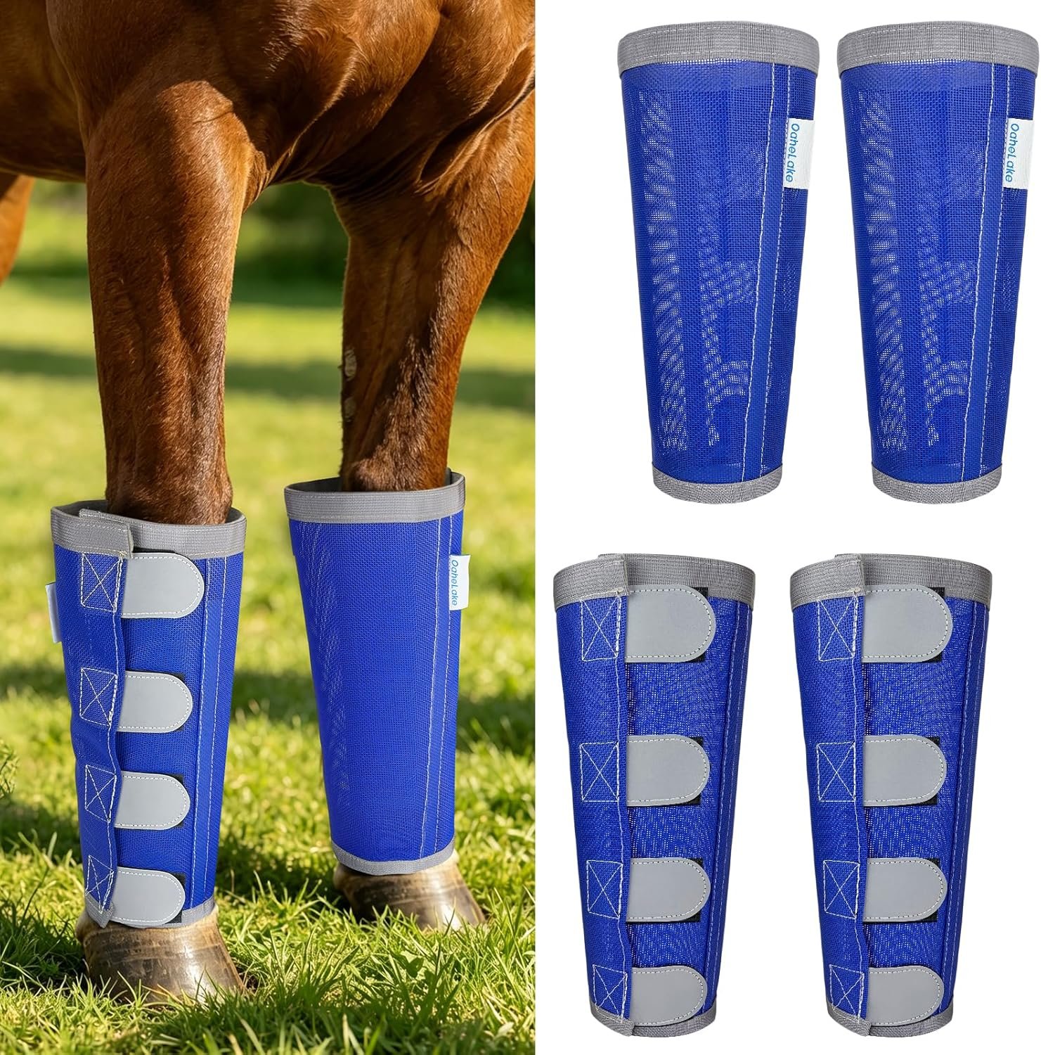 Reflective Horse Fly Boots Set of 4, Loose Fitting Leggings for Horses, Equine Fly Leg Wraps Socks for 4 Legs, Breathable Adjustable and Universal Fit, Reliable Stay Put and on (Blue)