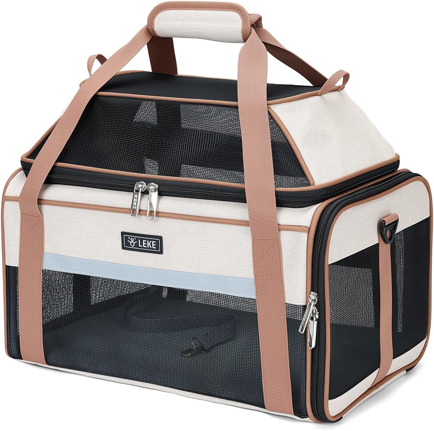 Lekereise Top-Expandable Pet Carrier 17x11x9.5 Inch Alaska Hawaiian Airline Approved Soft Sided Underseat to 12lbs Travel Carriers for Small Dogs and Cats with Locking Safety Zippers Anti-Scratch Mesh