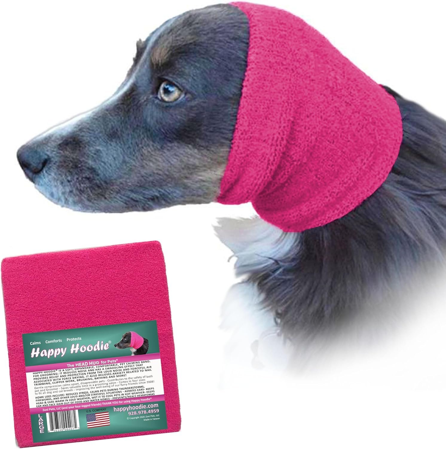 Happy Hoodie The Original Dog & Cat Calming Band – American Brand – Anxiety Relief/Noise Protection-Grooming-Thunder-Fireworks (Large, Pink) – Since 2008