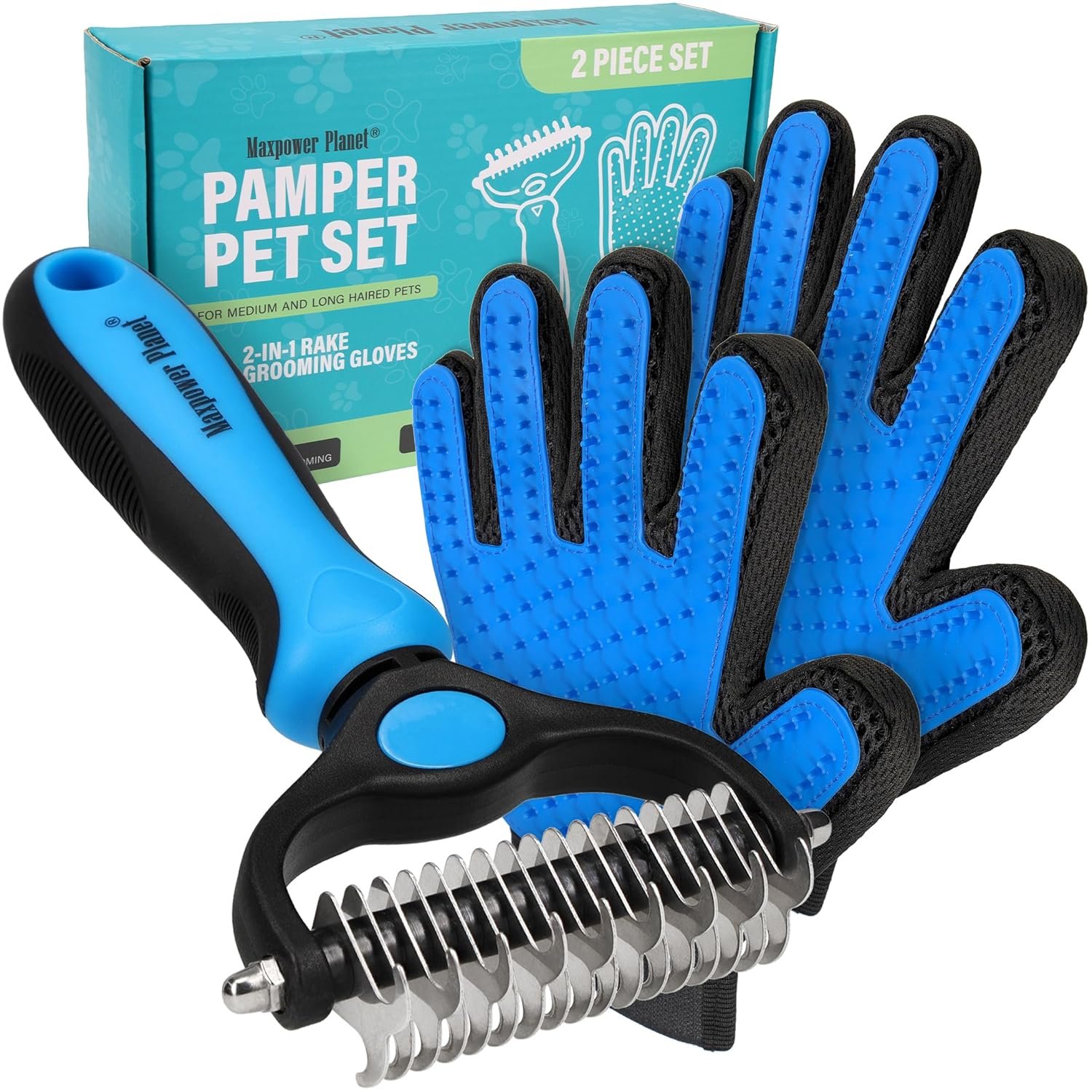 Maxpower Planet Pet Grooming Brush and 2X Grooming Gloves Combo – Double Sided Dematting, Deshedding Undercoat Rake for Dogs and Cats – Reduce Shedding Easily – Blue
