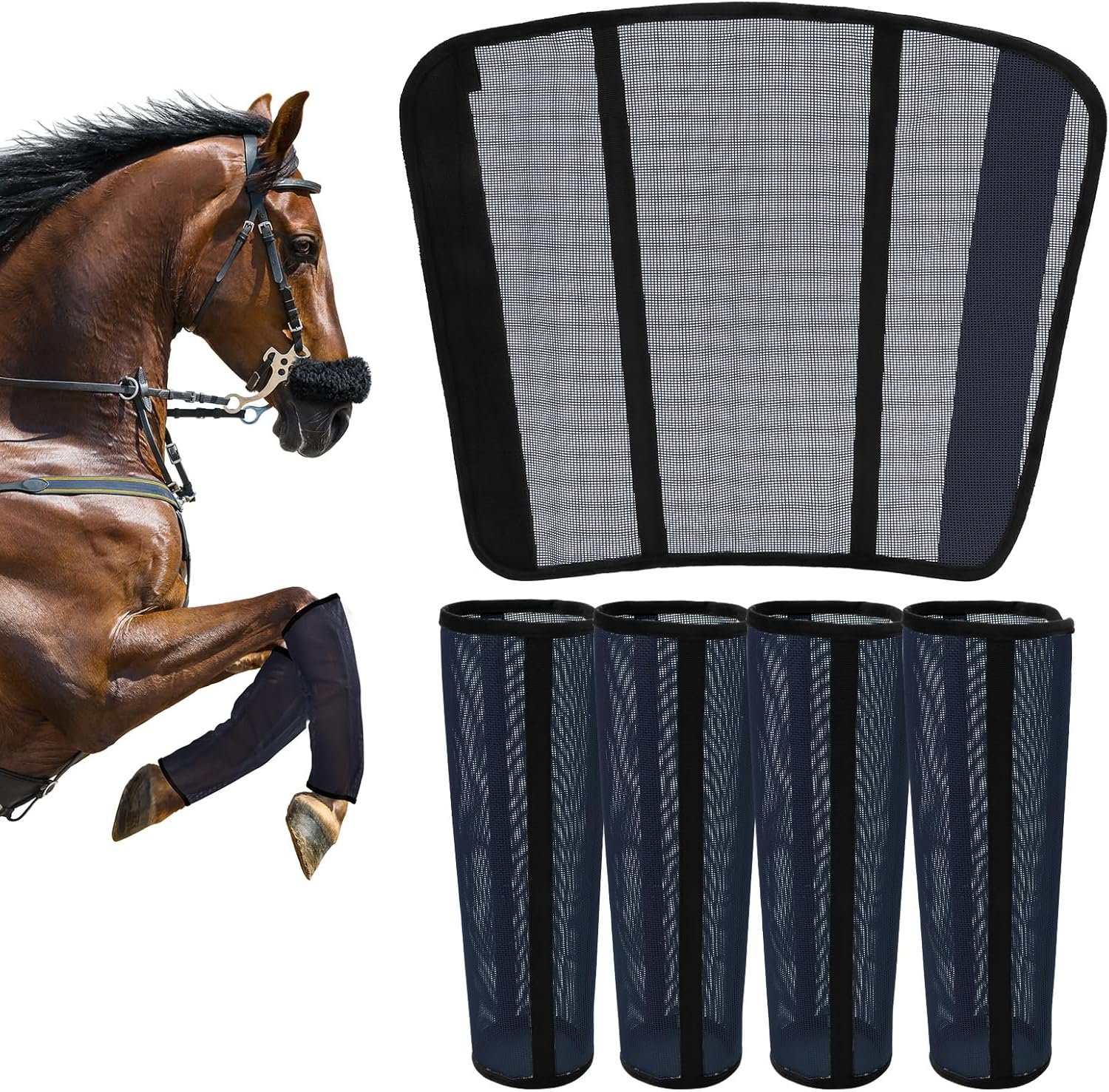 Fly Boots for Horses Set of 4 – Innovative Curved-Edge Design, Anti-Sag Stays, Breathable Mesh Leg Protection, Reduces Stomping & Fatigue, Comfort Fit for Medium to Large Horses – Dark Blue
