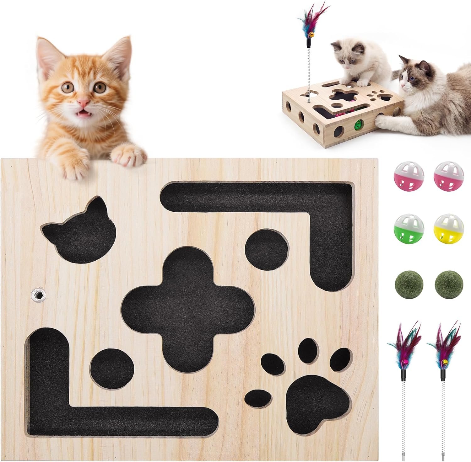 Cat Toys for Indoor Cats – Cat Nail File Box with Interactive Cat Toys, 2026 Upgraded Cat Puzzle Feeder Scratch Puzzle Toy for Indoor Cats, Natural Claw Care (Natural Wood)