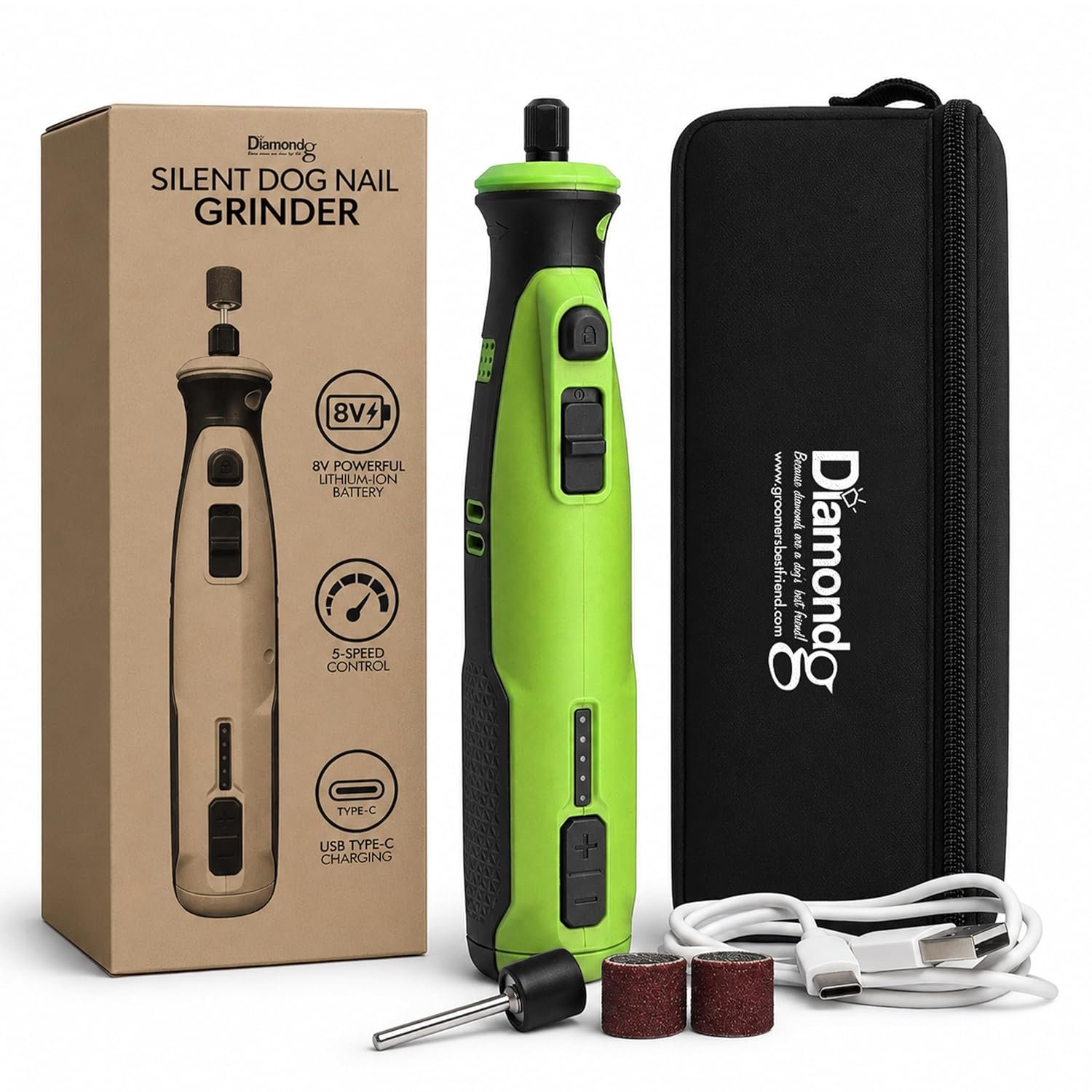Diamondg Cordless Dog Nail Grinder with Quiet Sound & LED Tip for Large & Small Dogs, 4hrs. Runtime – Electric Dog Nail Trimmer, Heavy Duty Rotary Tool Alternative to Toenail Clippers & Filers
