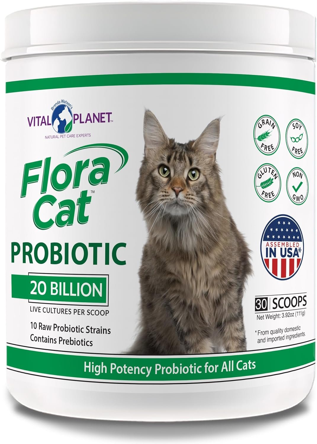 Vital Planet – Flora Cat Probiotic Powder Supplement with 20 Billion Cultures and 10 Diverse Strains High Potency Probiotics for All Cats for Feline Digestive and Immune Support 30 Scoops 3.92 oz