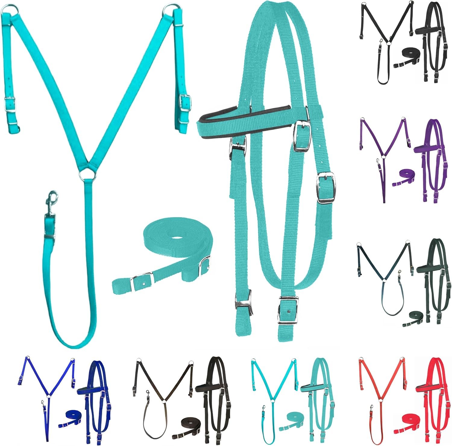 Majestic Ally Nylon Padded Equestrian Browband Headstall, Reins & BreastCollar Set for Horse- Full