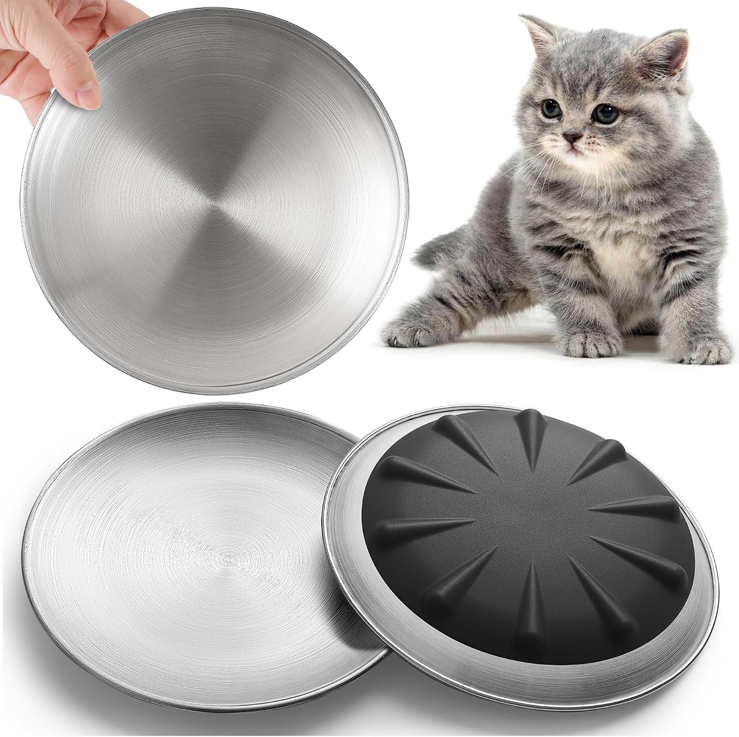 WROSWT 304 Stainless Steel Cat Plates for Wet Food, 6.7″ Shallow/Wide Whisker Friendly Cats Food Bowls, Non-Slip Silicone Base,Easy to Clean Indoor Cat Feeding Dishes, 3 Pack