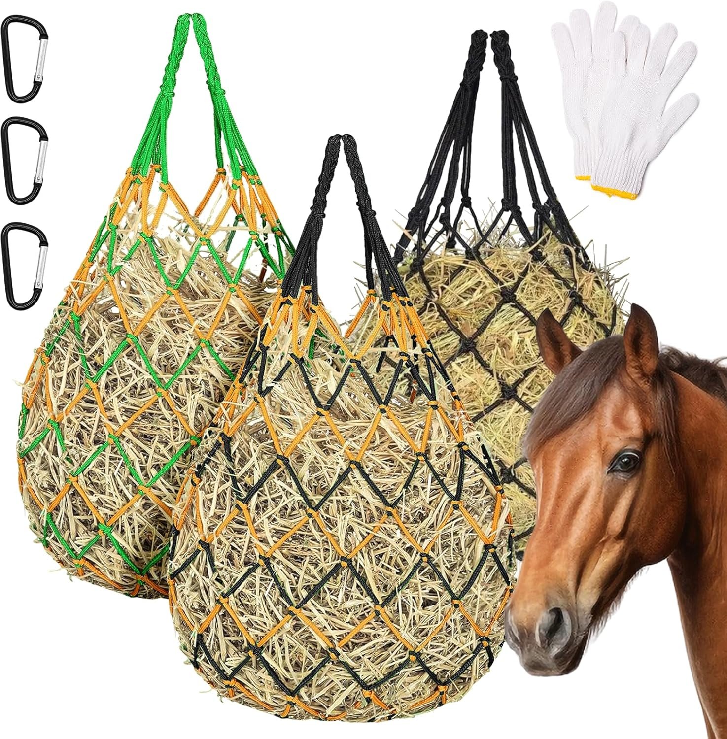 3 Pack Slow Feed Hay Nets for Horses, 40-Inch Durable Mesh Hay Bags with Carabiners and Gloves, Durable Hanging Hay Net for Goat Sheep, Livestock Hay Feeder for Stable Trailer Pasture