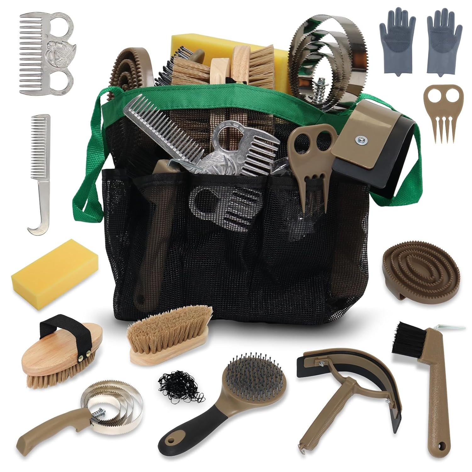 Horse Grooming Kit 14 Pieces, Horse Brushes Set for Grooming & Bathing Supplies, Professional Horse Supplies with Mane & Tail Comb, Curry Comb, Hoof Pick, Gloves & Mesh Tote Bag for Equine Care