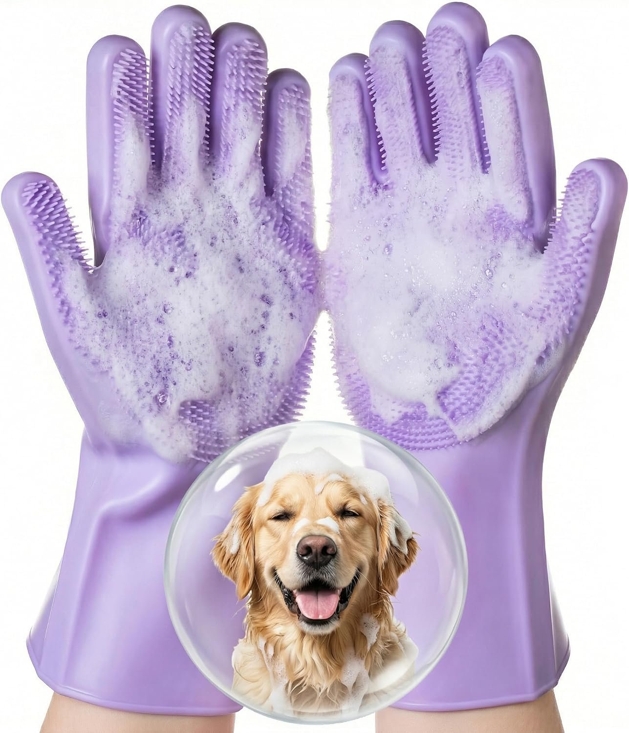 DELOMO Pet Grooming Gloves 1 Pair: Soft and Gentle Silicone Dog Washing Gloves – Bathing Scrubber Brush Mitt Grooming Shedding Fur Removal Massage for Dogs/Cats/Horse, Purple