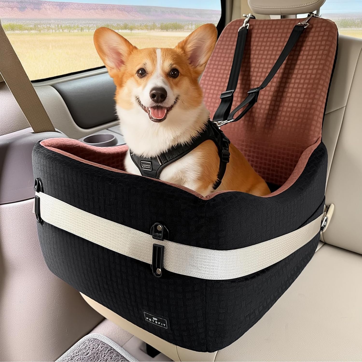PETSFIT Dog Car Seat for Small/Medium Dogs Up to 35 lbs – Patented Safety System, 5″ Memory Foam Pet Booster Car Seat, Fully Detachable and Washable Dog Carseat with 2 Storage Pockets (Black/Brown)