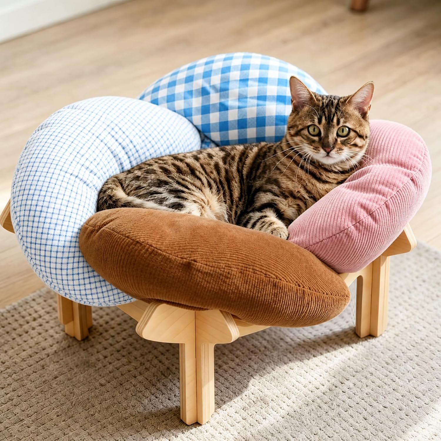 PACHIRA Elevated Cat Bed Wooden, Cat Couch Fluffy, Cat Sofa Flower for Indoor Cats, Raised Cat Bed with Washable Fluffy Cushion and Birch Wood, Cat Chair for Kitty and Puppy, Cat Furniture (Colored)