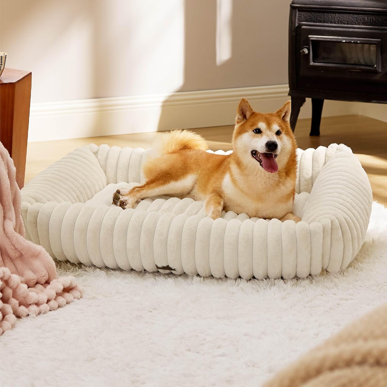 Bedsure ComfyFleece™ Cute Dog Beds Large Sized Dog – Washable Furry Pet Beds, Rectangle Orthopedic Corduroy Fleece Puppy Beds with Removable Zipper Cover, 36x27x8inches, Cream