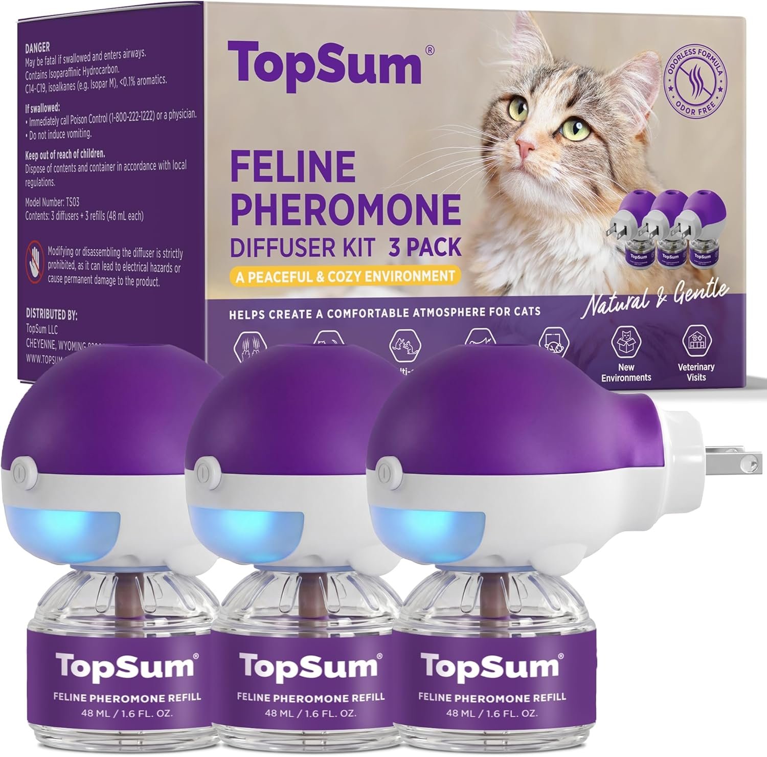 TopSum Cat Calming Pheromone Diffuser: Feline Pheromones Plug in for Stress, Alone At Home, Spraying, Fighting, Scratching, Aggression & Excessive Meowing (3 Diffusers + 3 Refills)