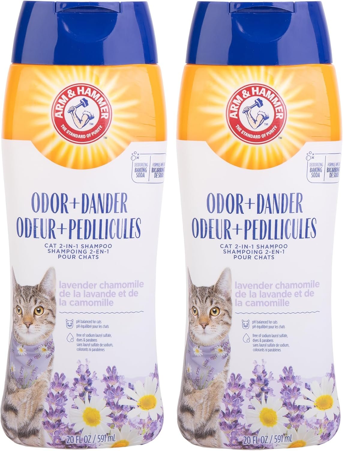 Arm & Hammer 2 in 1 Deodorizing and Dander Reducing Shampoo for Cats Baking Soda Cat Shampoo Odor Control and Coat Cleaning Lavender Chamomile Scent 20 FL OZ 2 Pack Routine Cat Grooming Value
