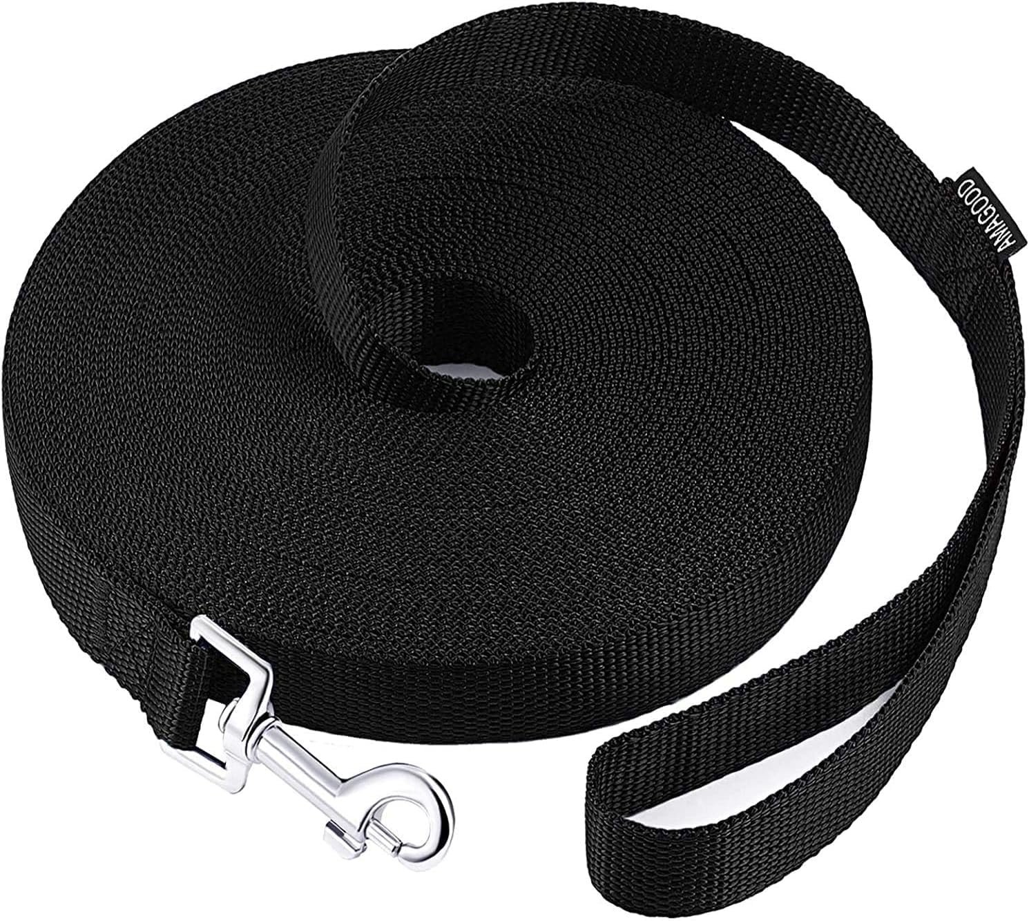 AMAGOOD Long Dog Training Leash 20 FT – 1 Inch Wide Heavy Duty Lead for Obedience Recall Agility Training, Tie Out, Camping – Black – for Medium and Large Dogs