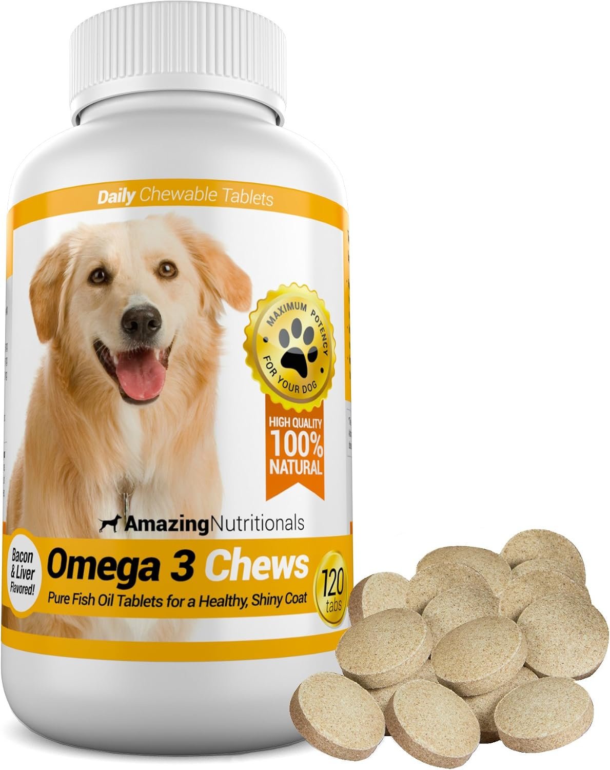 Amazing Omega 3 for Dogs – Fish Oil for Dogs Supplement 120 Bacon Chews – Itchy Skin, Dry Skin, Shedding & Coat Support – Omega Fatty Acids EPA DHA – Made in USA