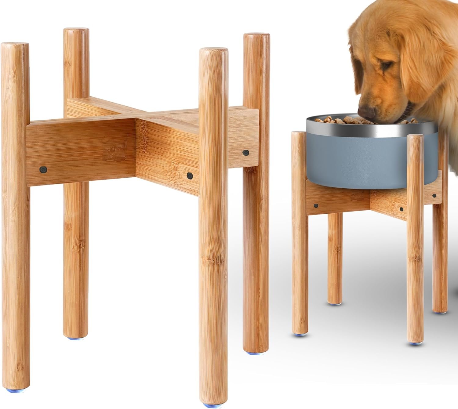 Dog Bowl Stand for Large Breed – Raise, Elevate Bowls to 14-inch High – Adjustable, Fits Any Single Pet Food/Water Feeders and Fountains – Durable Bamboo