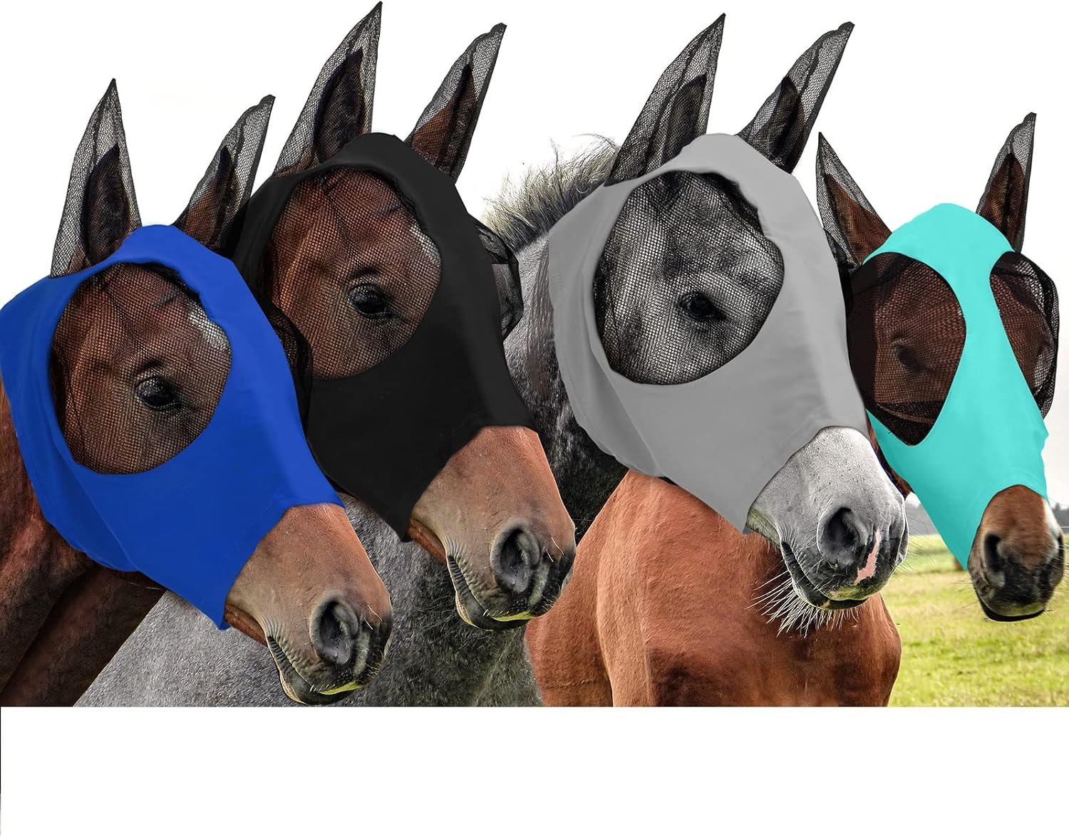 Frienda 4 Pcs Horse Fly Masks with Ears UV Protection Elastic Horse Mask Breathable Comfortable Fly Mask for Adult Horses, Protect from Summer Insect(Large,Black, Gray, Blue, Mint Green)