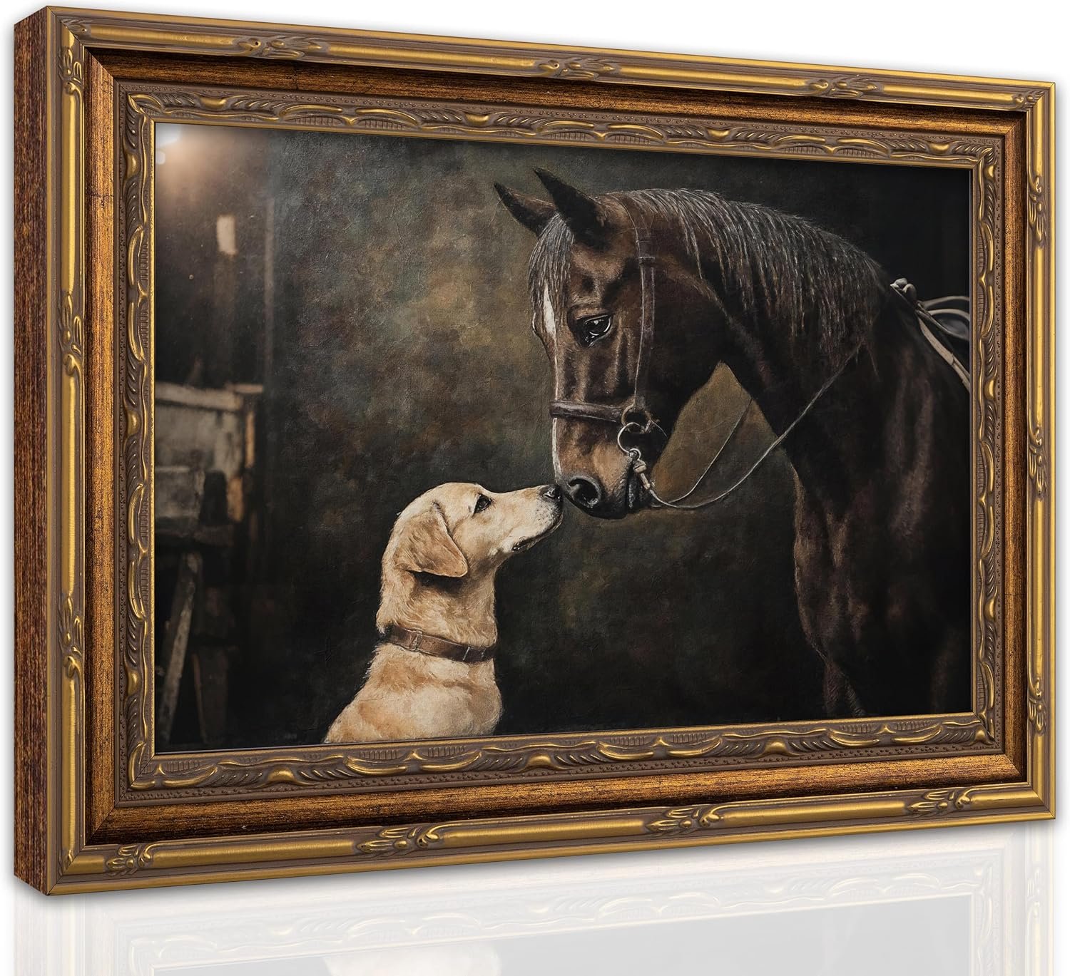 Gold Framed Vintage Horse And Dog Canvas Wall Art Rustic Farmhouse Retro Animal Landscape Painting Picture Wall Decor Horse And Dog Poster Print Artwork for Living Room Bedroom Study Home Decoration