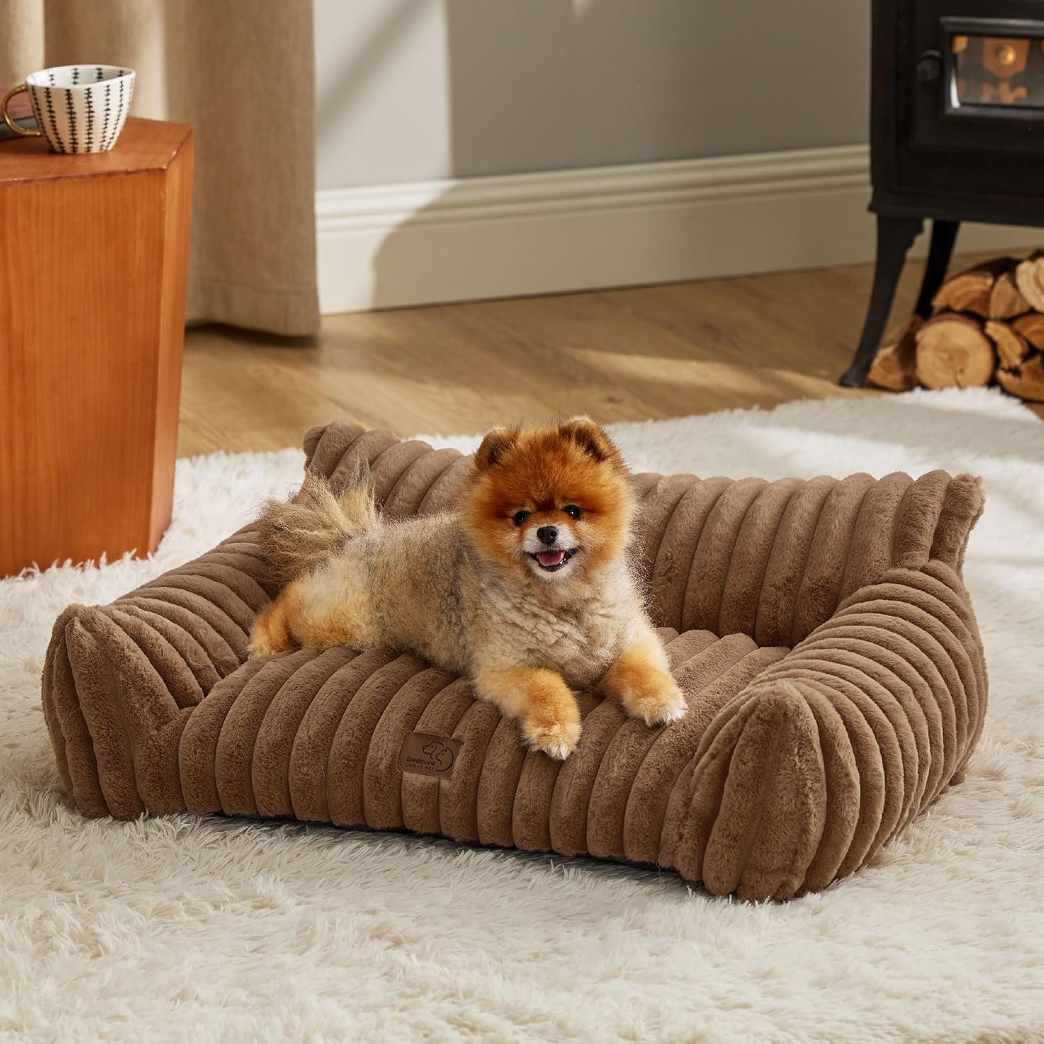 Bedsure ComfyFleece™ Cute Cat Couch for Pets – As Seen on TV on Good Day New York, Small Medium Dog Bed, Supportive Couch Bed for Small Dogs, 30 Inch, Camel Brown