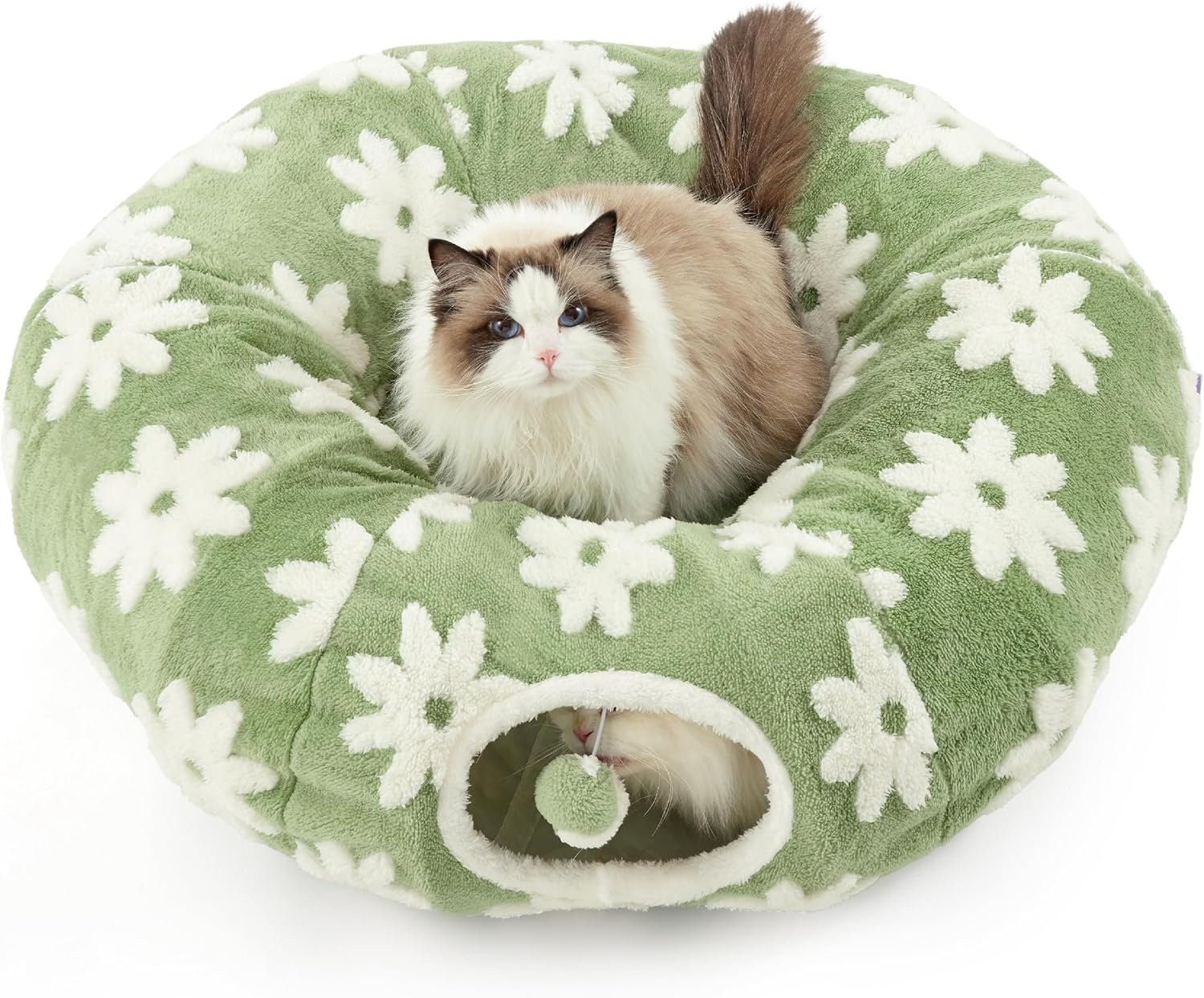Lesure Cat Tunnel Bed for Indoor Cats – Cute Cat Donut Tunnel Toys for Small Large Cats with Washable Circle Cushion, Round Pet Peekaboo Cave Toy for Kitten/Puppy/Rabbit, Standard Flower Garden Green